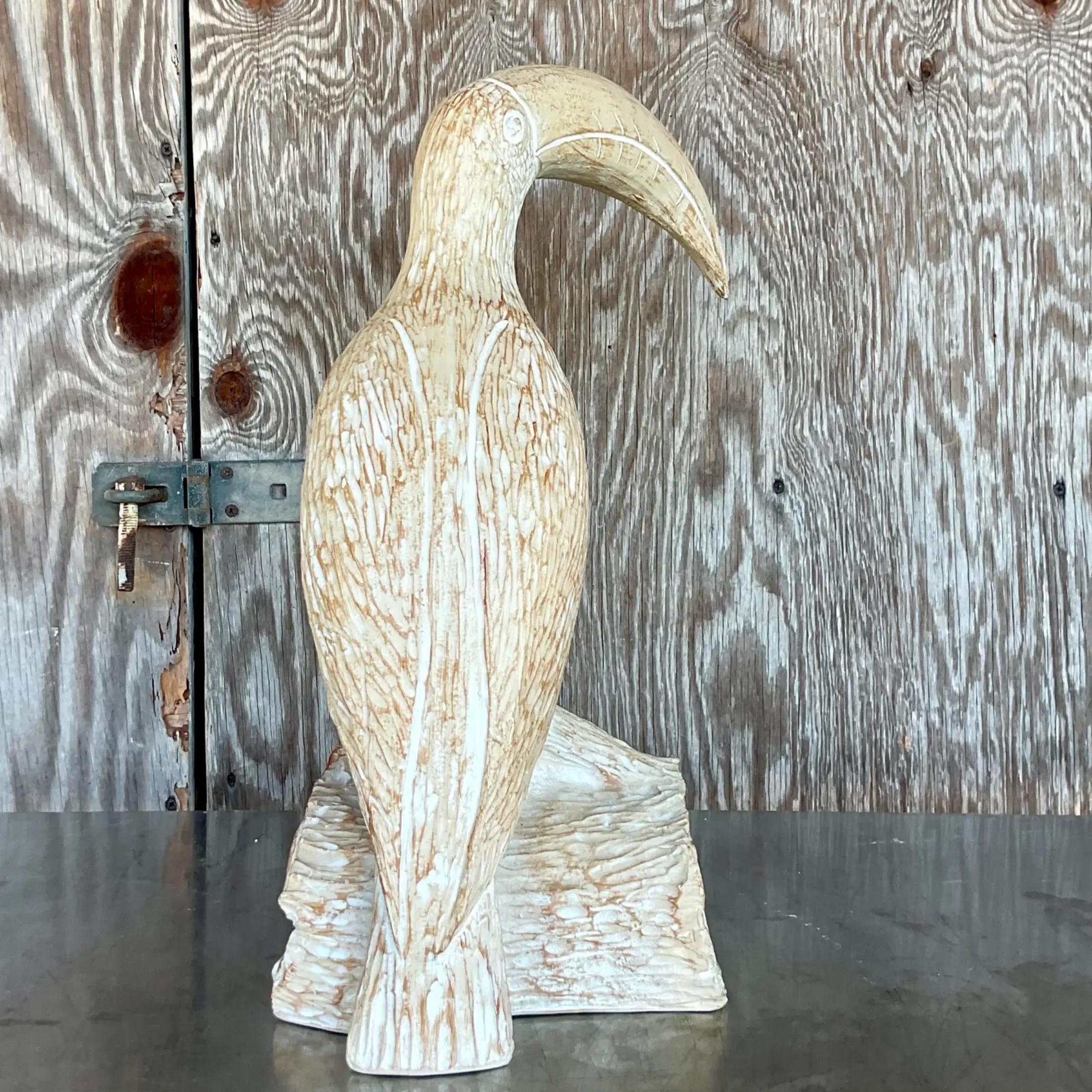 Philippine Vintage Coastal Cerused Carved Wood Toucan For Sale