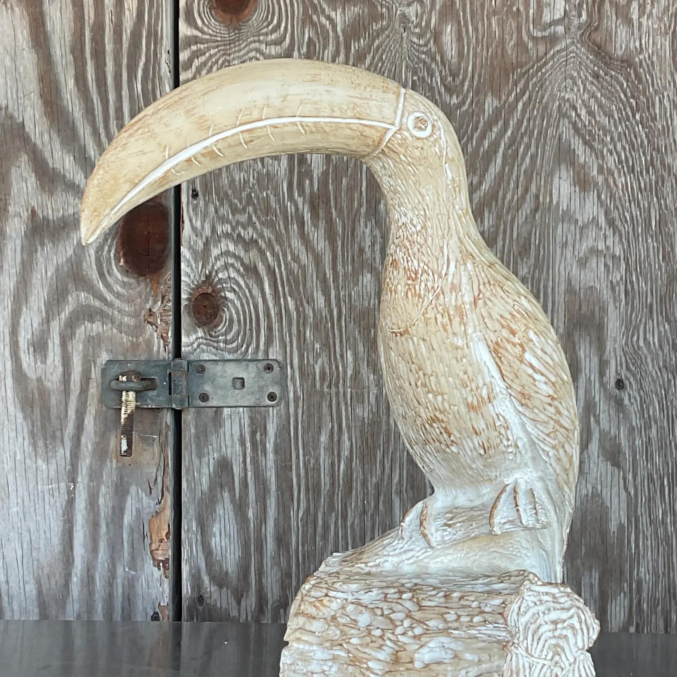 Vintage Coastal Cerused Carved Wood Toucan In Good Condition For Sale In west palm beach, FL