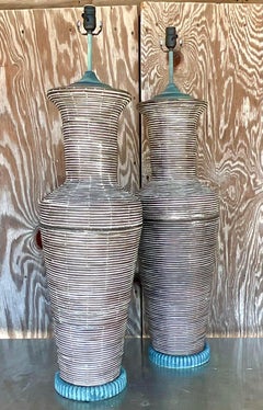 Vintage Coastal Cerused Ebony Pencil Reed and Verdigris Bronze Lamps - a Pair