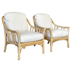 Vintage Coastal Cerused Finish Rattan newly Upholstered Lounge Chairs by Mcguire