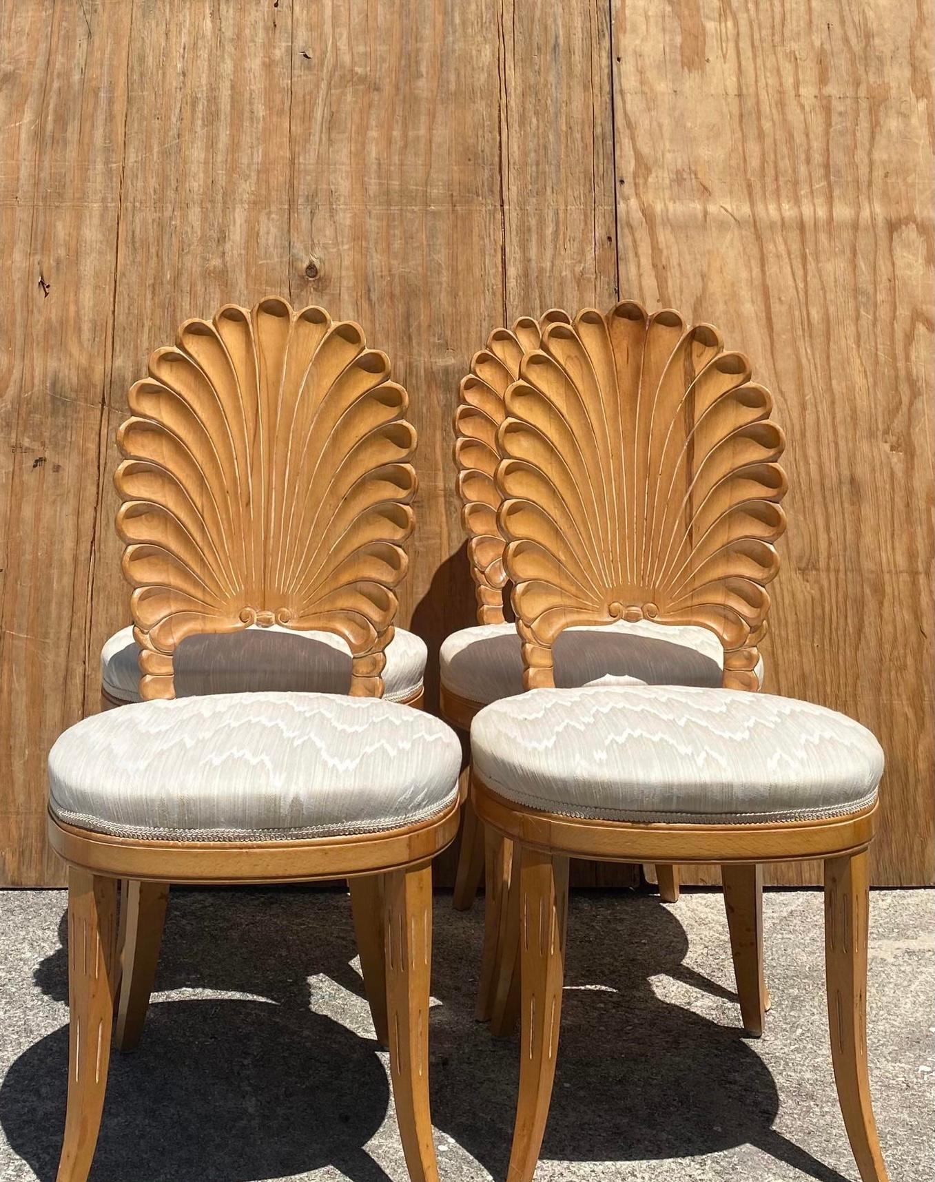 Late 20th Century Vintage Coastal Cerused Grotto Dining Chairs. Set Of 4