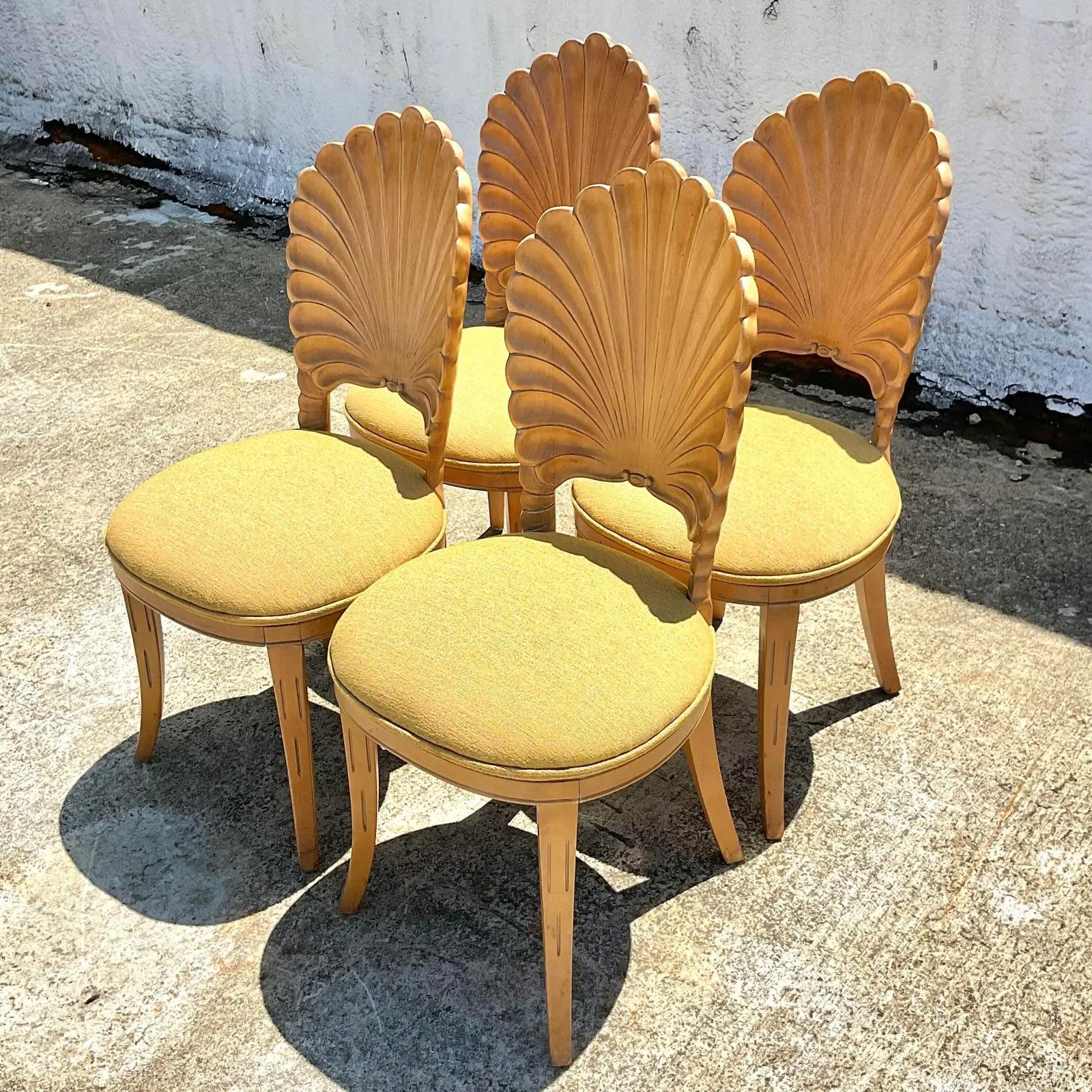 Vintage Coastal Cerused Hand Carved Grotto Chairs, Set of 4 In Good Condition In west palm beach, FL