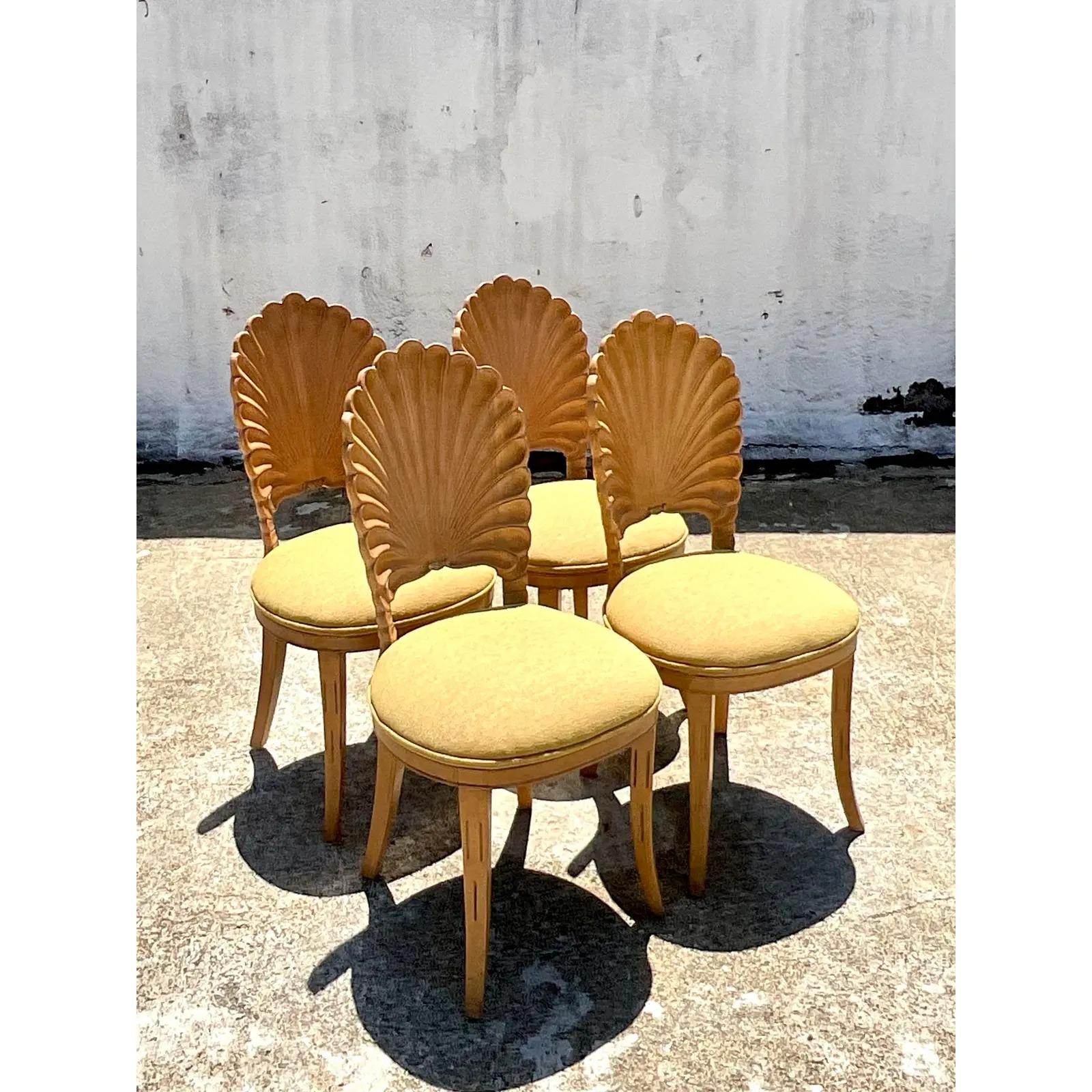 20th Century Vintage Coastal Cerused Hand Carved Grotto Chairs, Set of 4