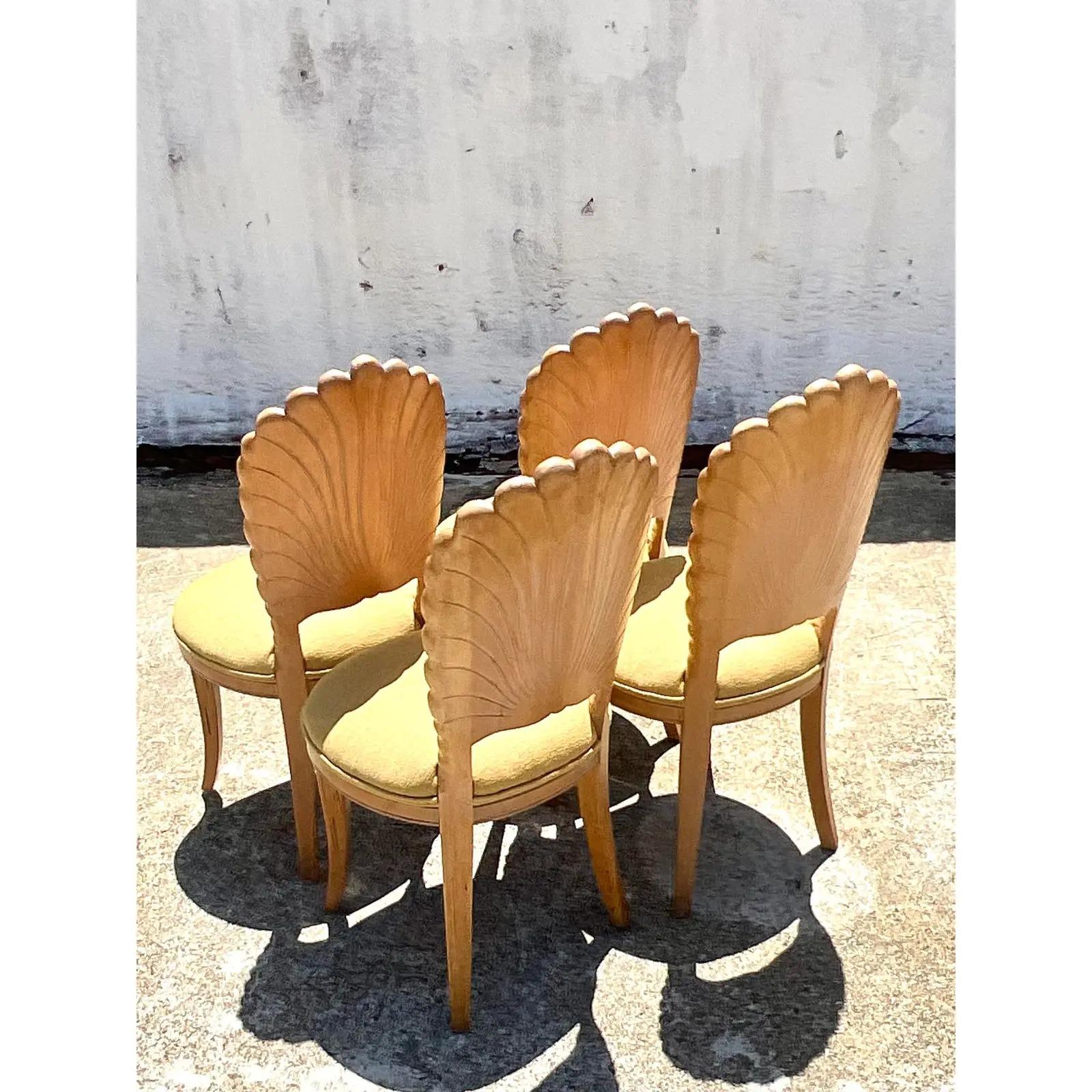 Wood Vintage Coastal Cerused Hand Carved Grotto Chairs, Set of 4