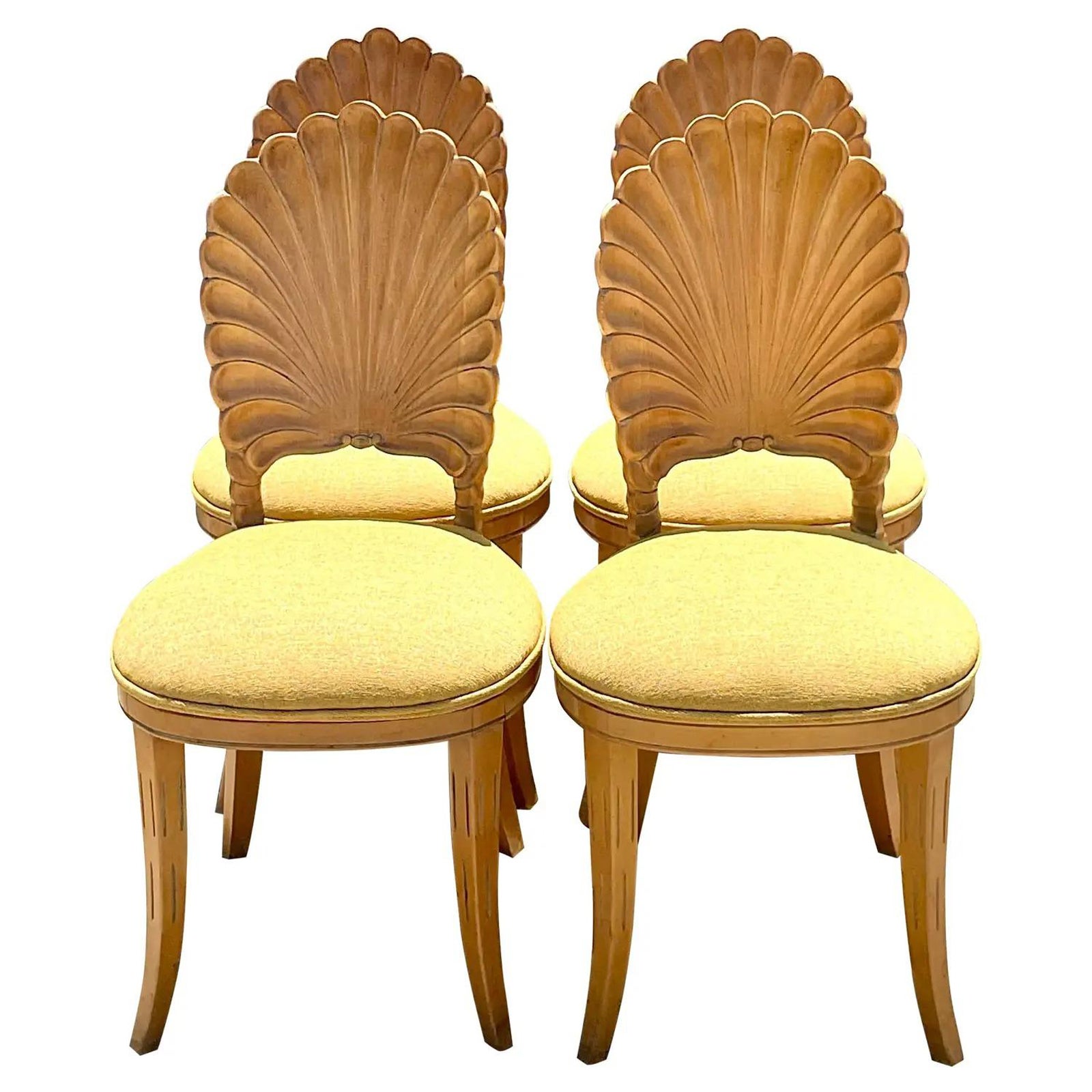 Vintage Coastal Cerused Hand Carved Grotto Chairs, Set of 4