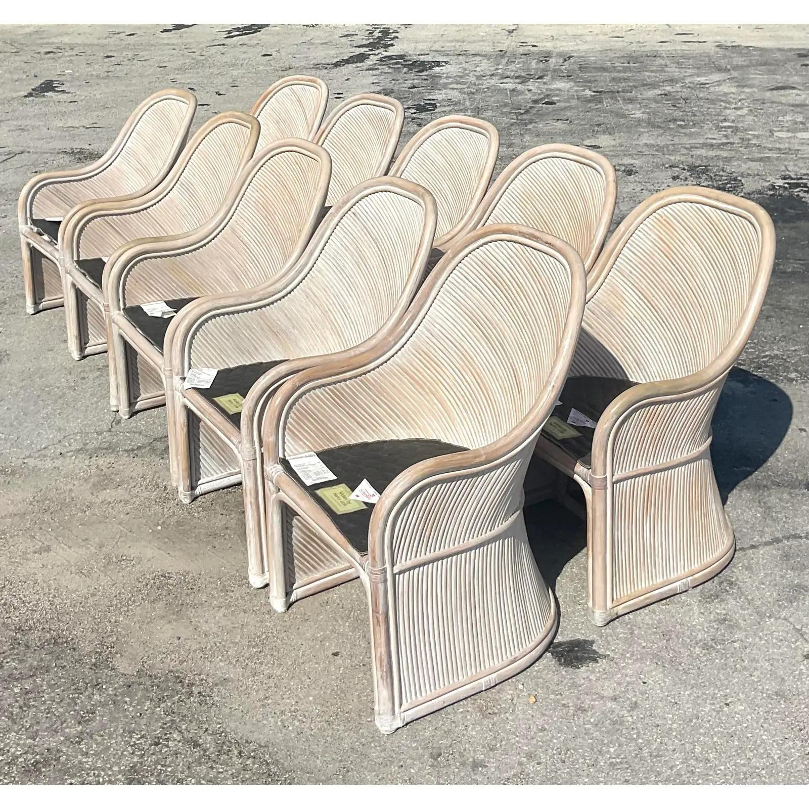 Rattan Vintage Coastal Cerused Henry Link Dining Chairs, Set of 10