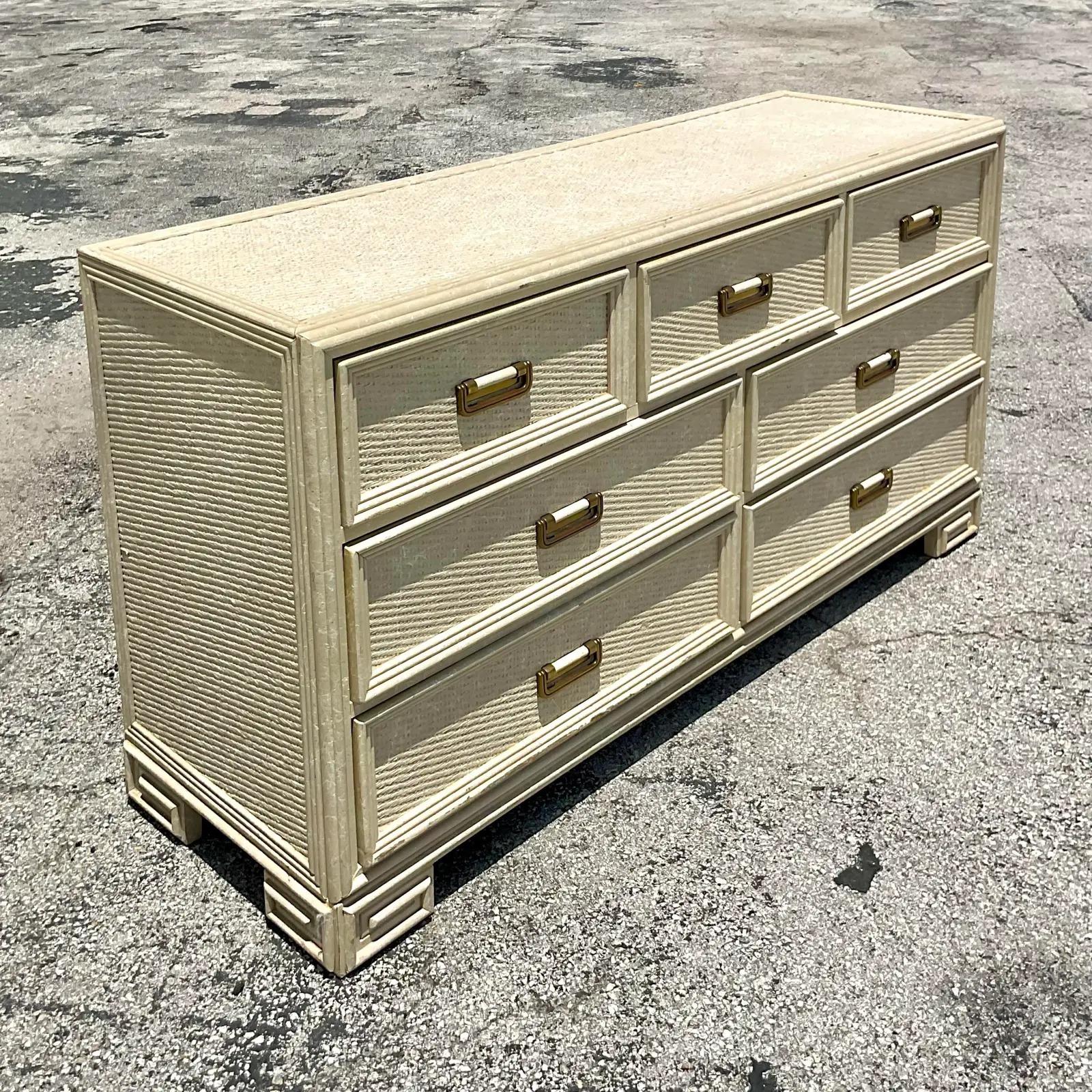 North American Vintage Coastal Cerused Lexington Greek Key Dresser