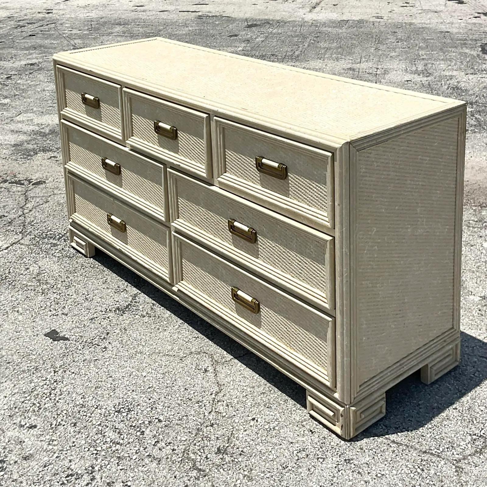 Vintage Coastal Cerused Lexington Greek Key Dresser In Good Condition In West Palm Beach, FL