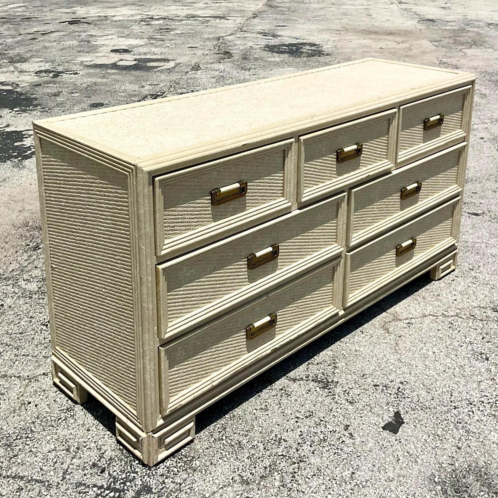 20th Century Vintage Coastal Cerused Lexington Greek Key Dresser