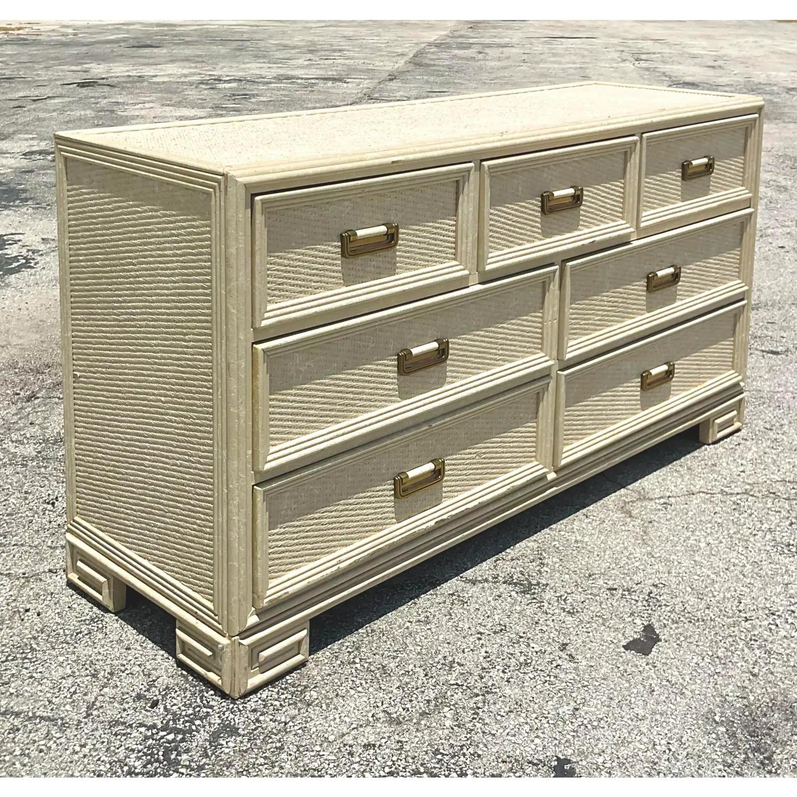 Rattan Vintage Coastal Cerused Lexington Greek Key Dresser