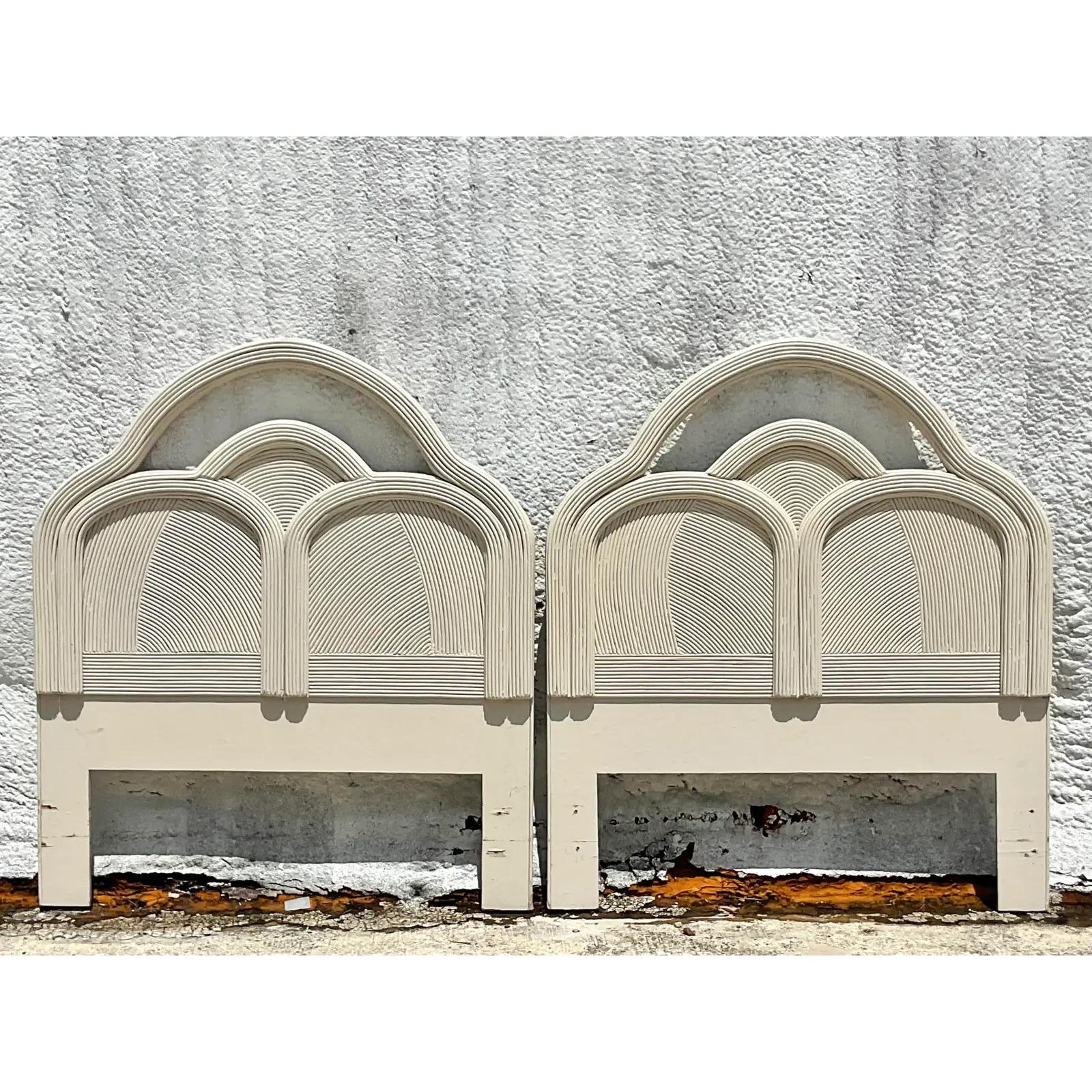 Vintage Coastal Cerused Pencil Reed Arched Twin Headboards, a Pair In Good Condition In west palm beach, FL