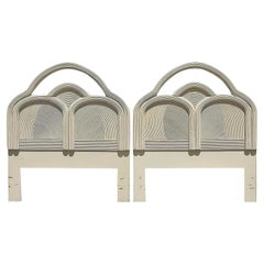 Vintage Coastal Cerused Pencil Reed Arched Twin Headboards, a Pair
