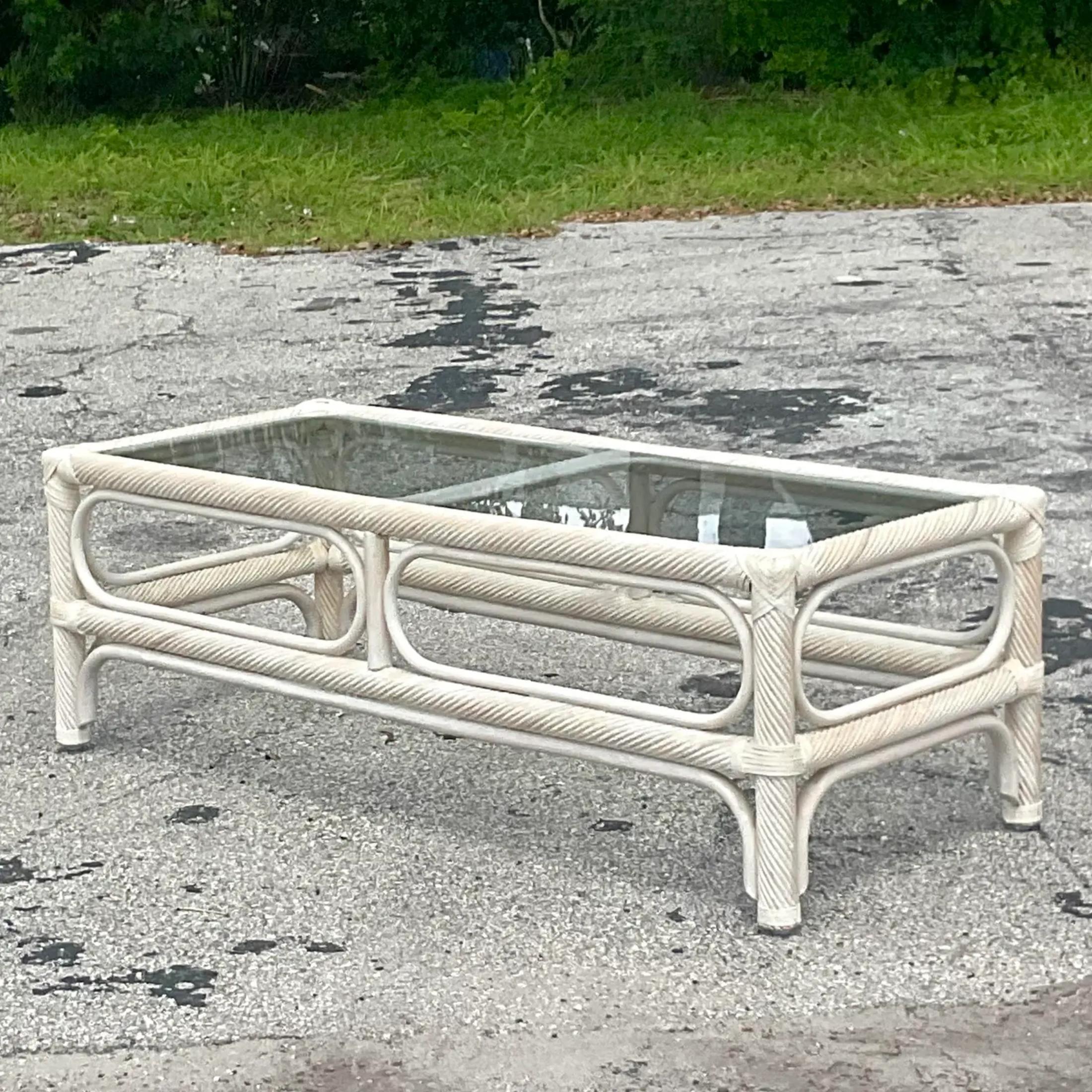 Vintage Coastal Cerused Pencil Reed Coffee Table In Good Condition For Sale In west palm beach, FL