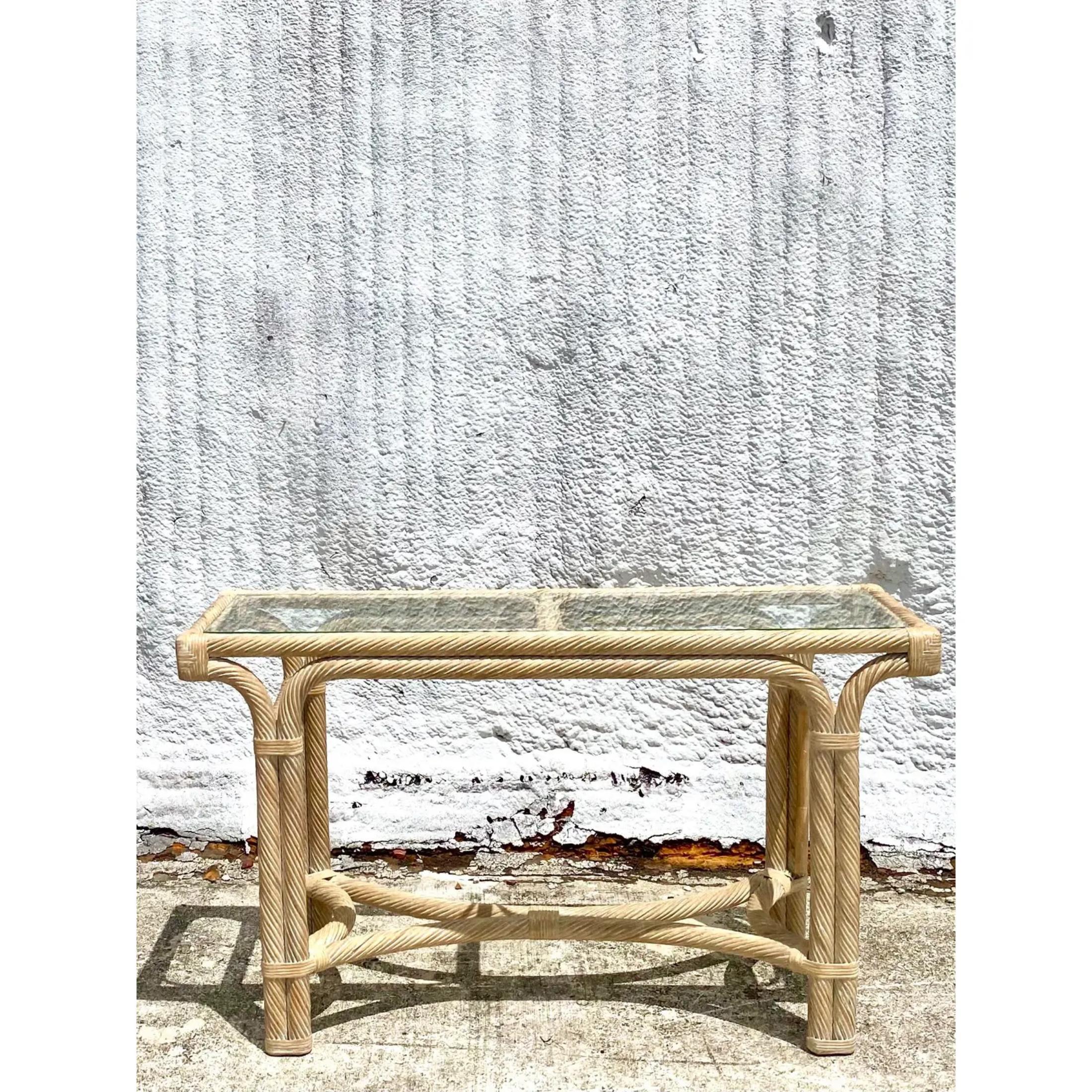 Bohemian Vintage Coastal Cerused Pencil Reed Console Table For Sale