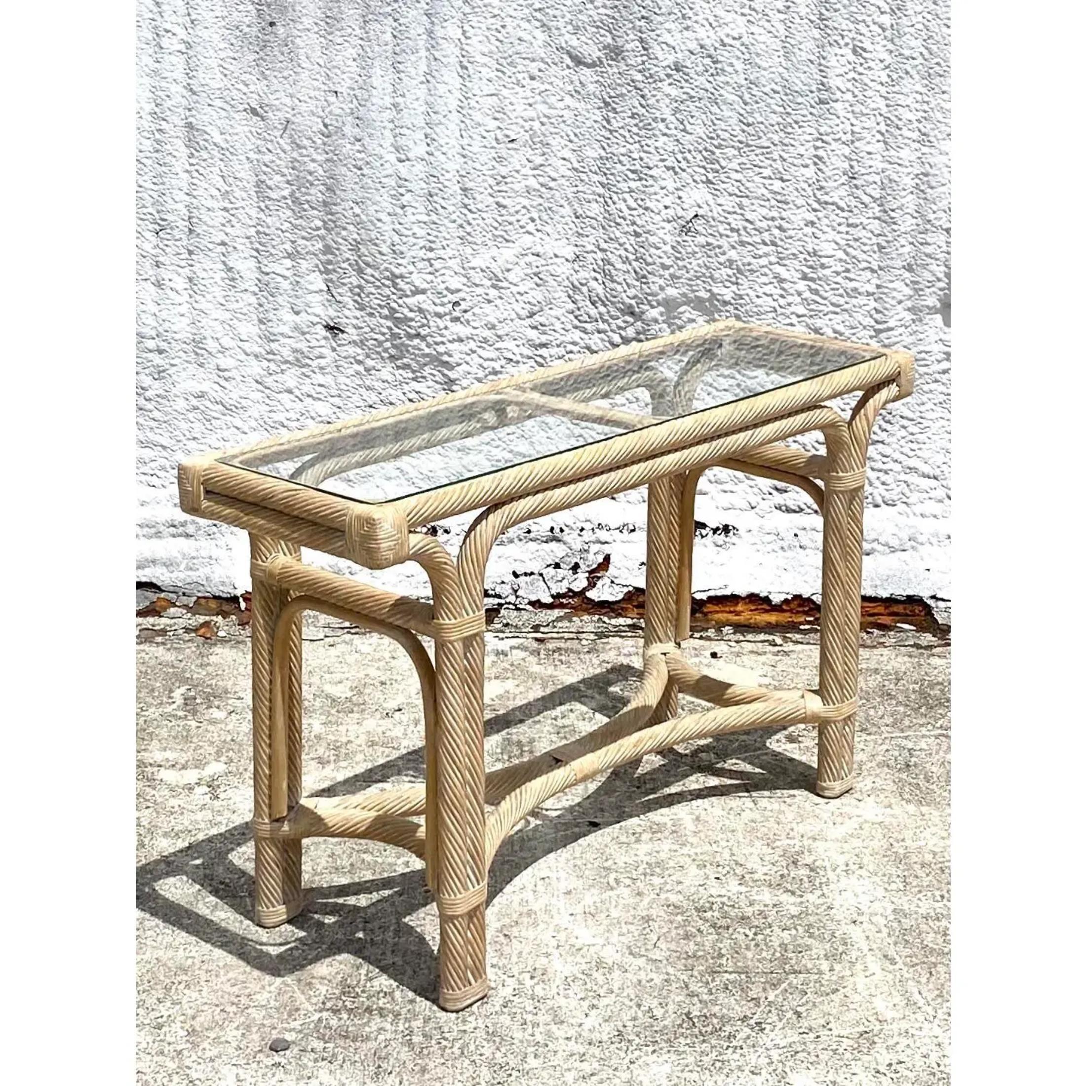 Philippine Vintage Coastal Cerused Pencil Reed Console Table For Sale