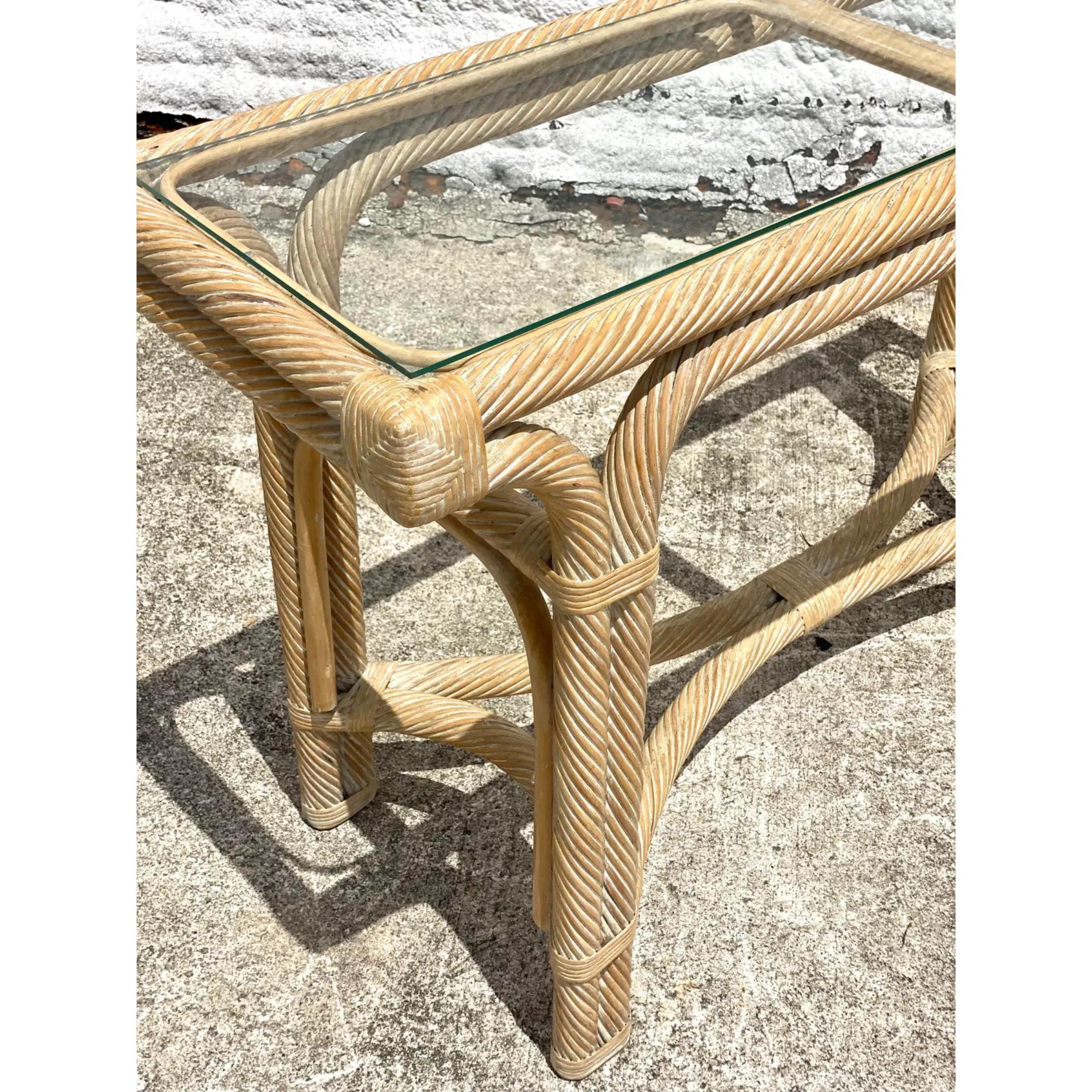 Vintage Coastal Cerused Pencil Reed Console Table In Good Condition For Sale In west palm beach, FL