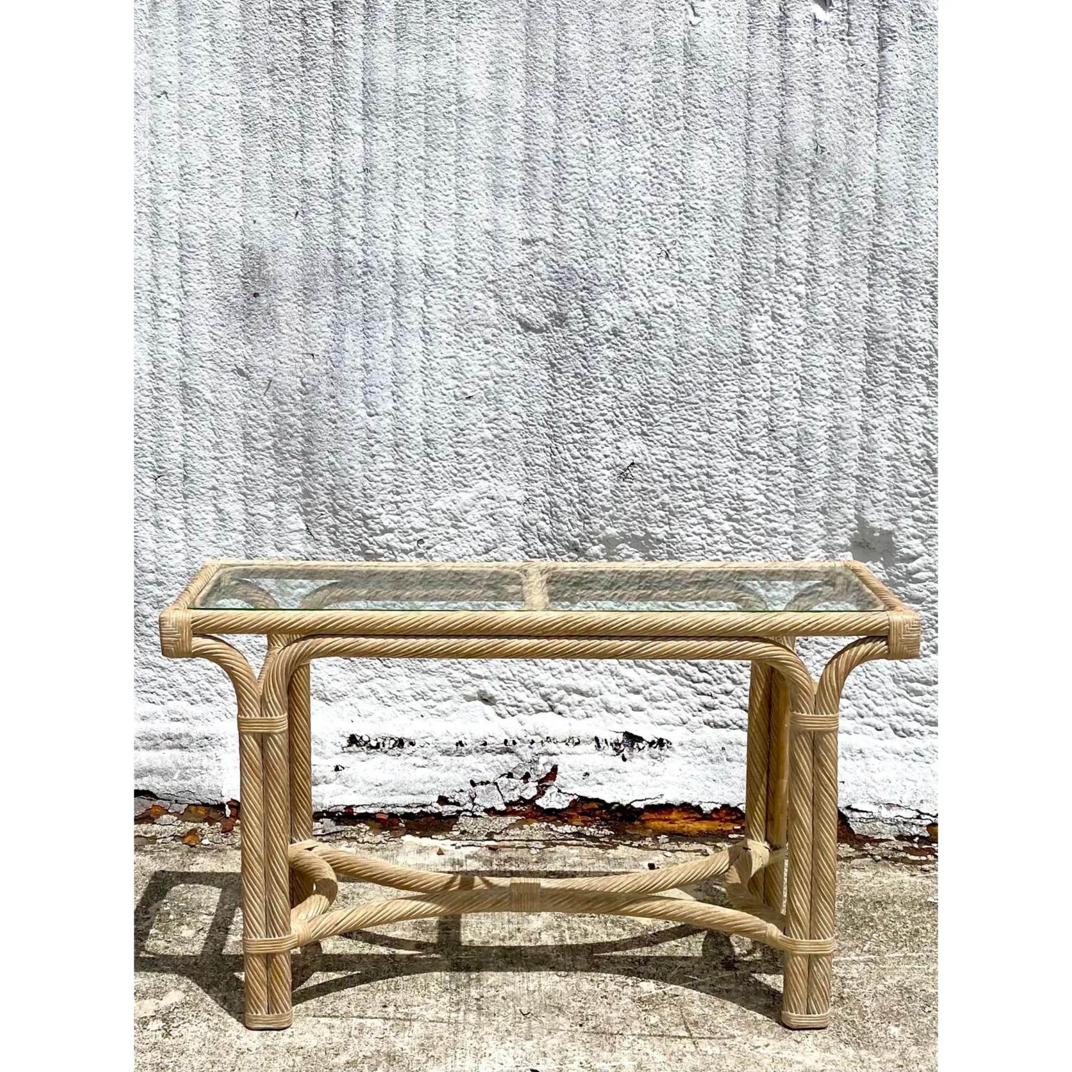 20th Century Vintage Coastal Cerused Pencil Reed Console Table For Sale