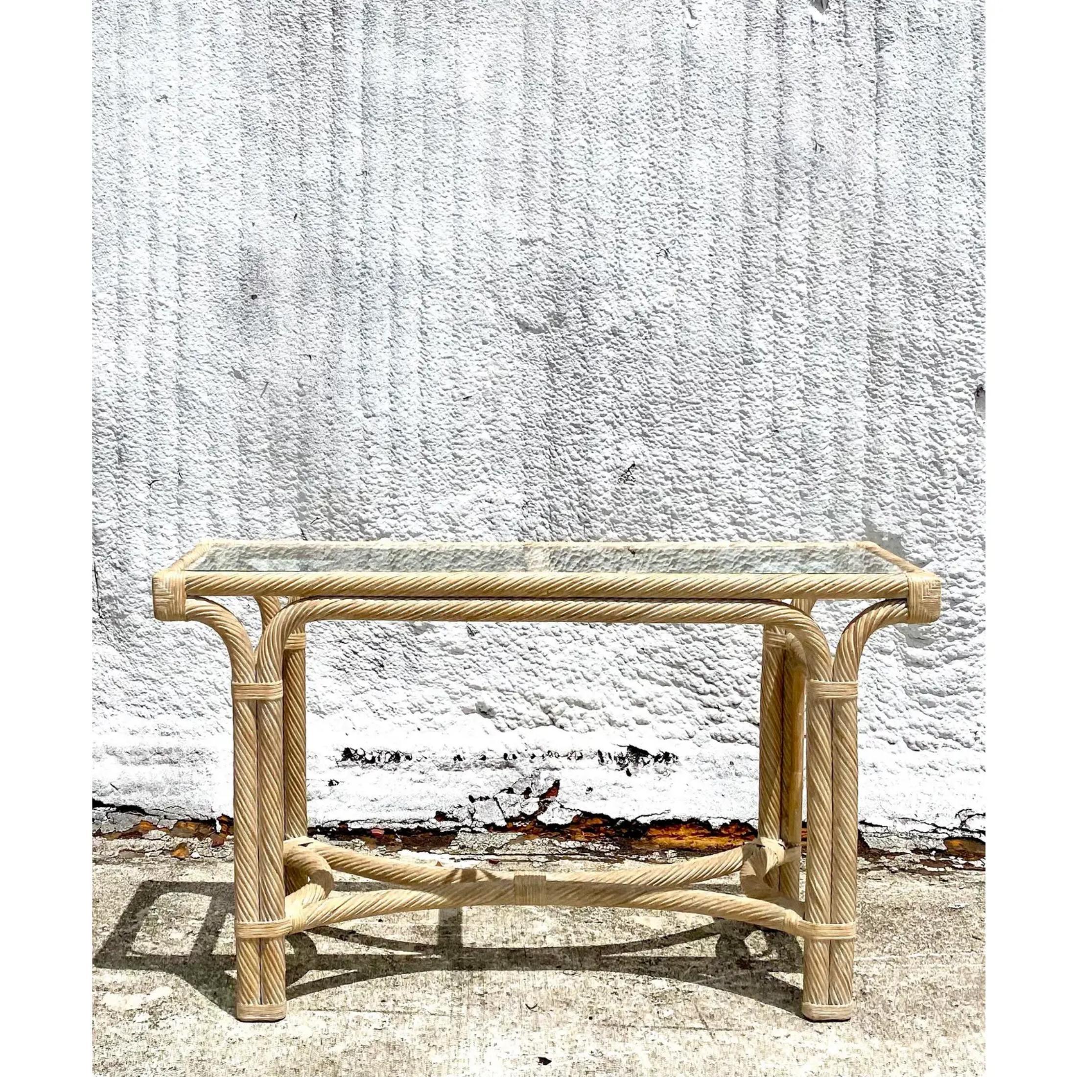 Vintage Coastal Cerused Pencil Reed Console Table For Sale 1