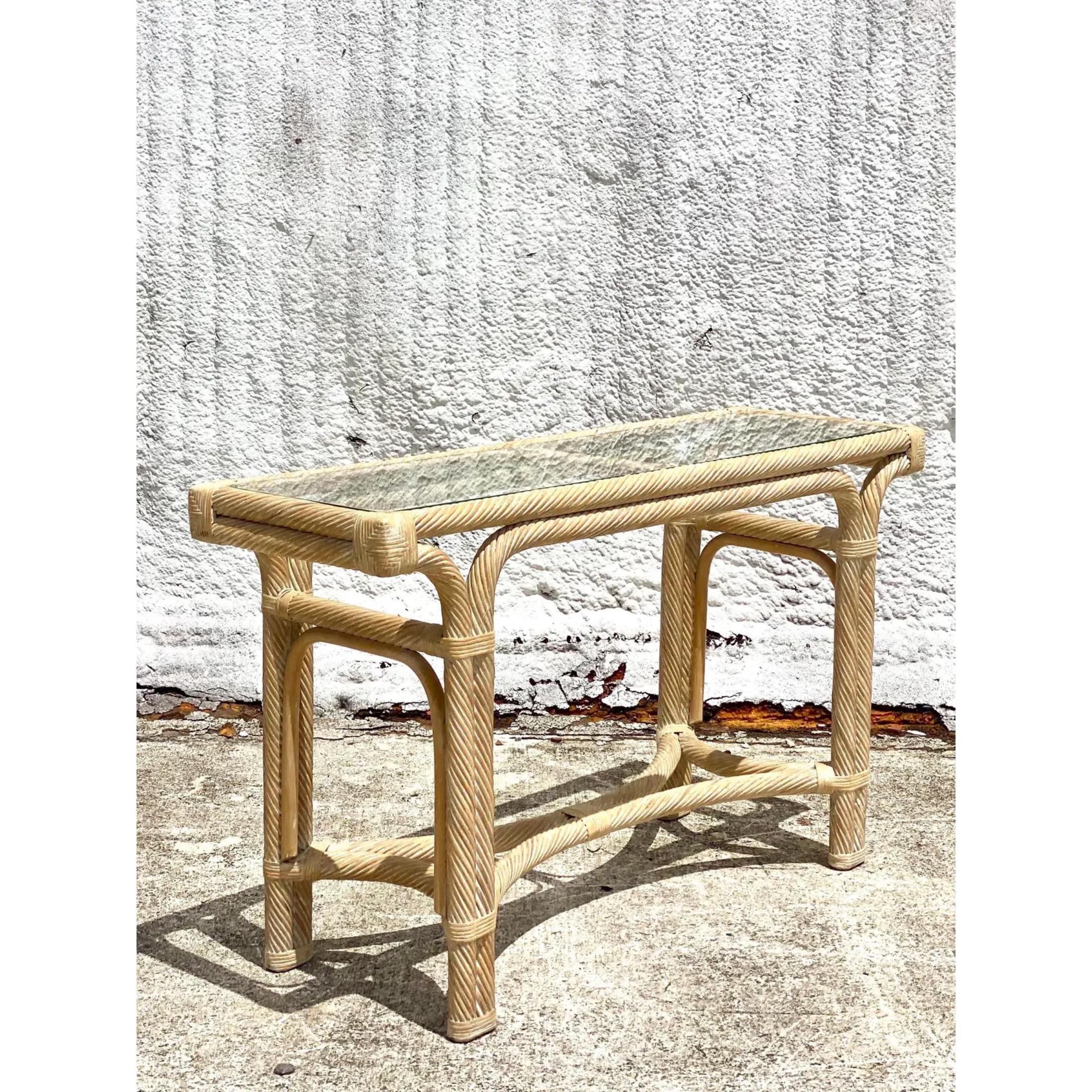 Vintage Coastal Cerused Pencil Reed Console Table For Sale 2