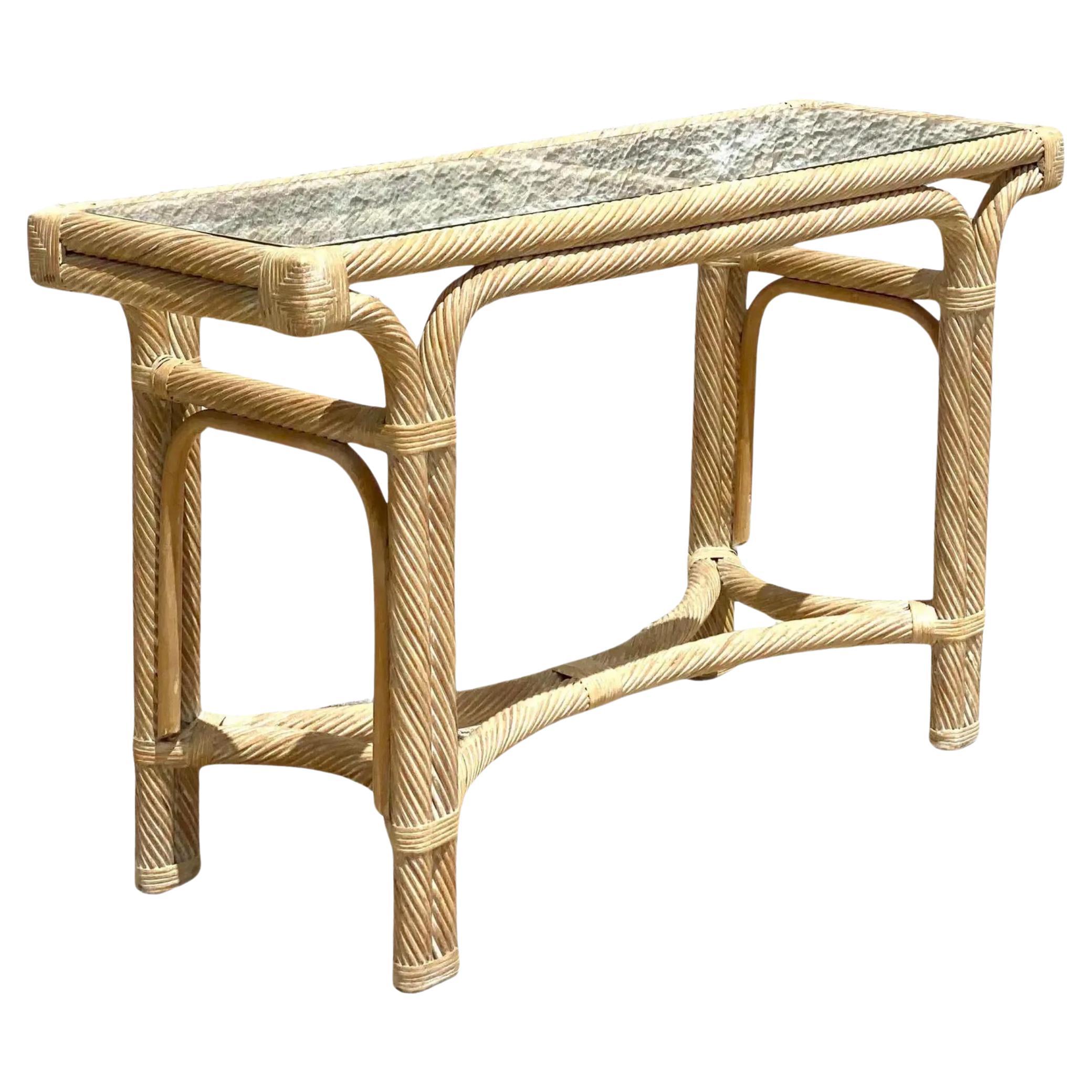 Vintage Coastal Cerused Pencil Reed Console Table For Sale