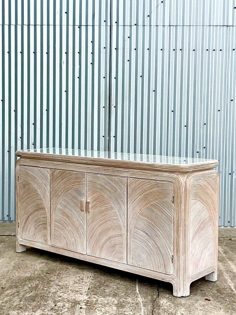 Vintage Coastal Cerused Pencil Reed Credenza at 1stDibs