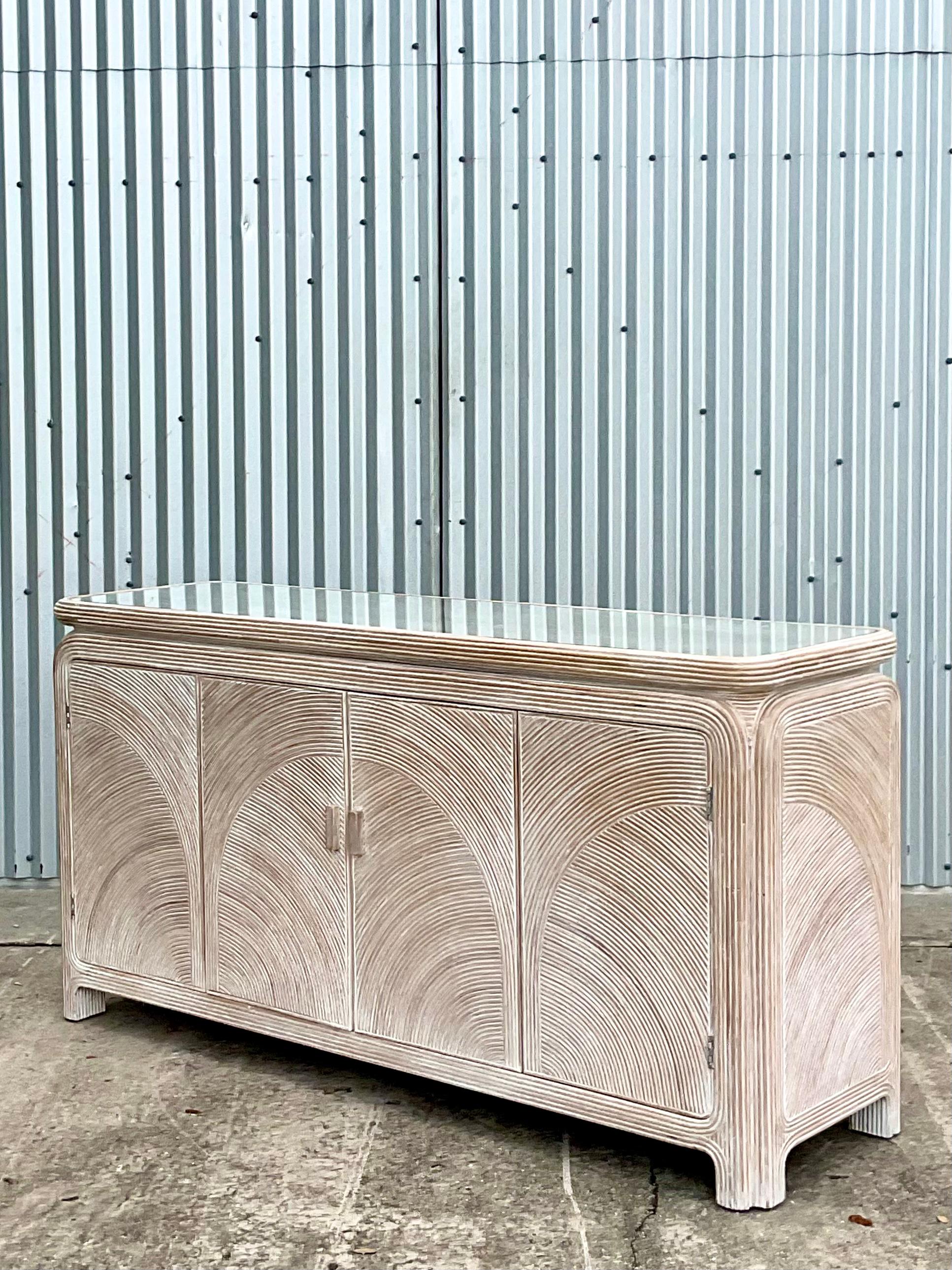 Organic Modern Vintage Coastal Cerused Pencil Reed Credenza