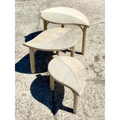 Vintage Coastal Cerused Pencil Reed Leaves Nesting Tables - Set of 3
