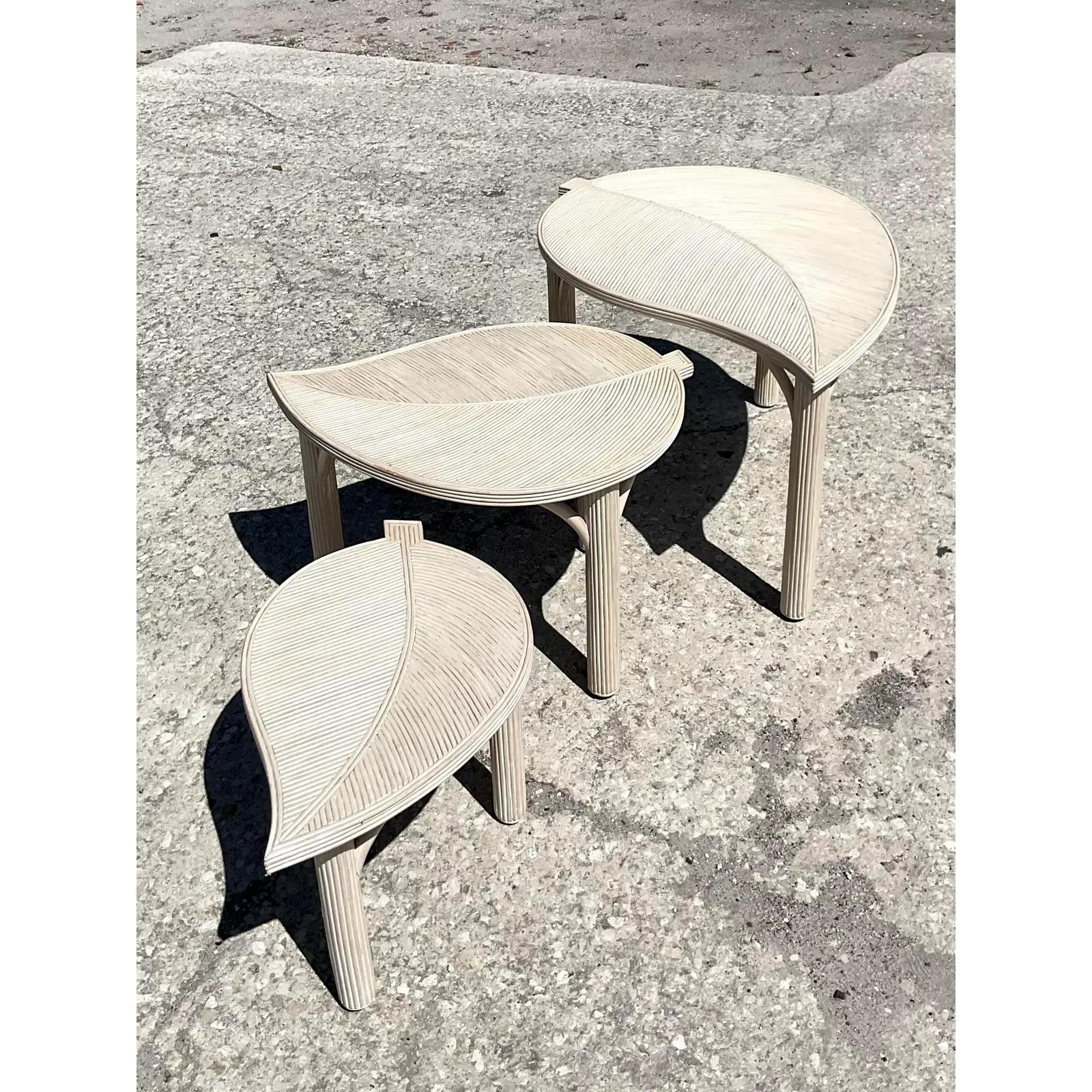 Philippine Vintage Coastal Cerused Pencil Reed Leaves Nesting Tables - Set of 3