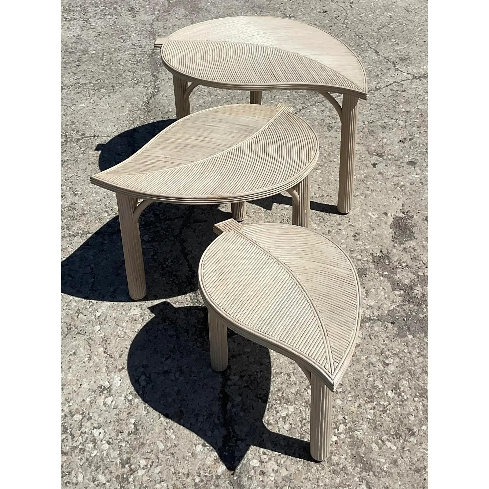 Vintage Coastal Cerused Pencil Reed Leaves Nesting Tables - Set of 3 In Good Condition In west palm beach, FL