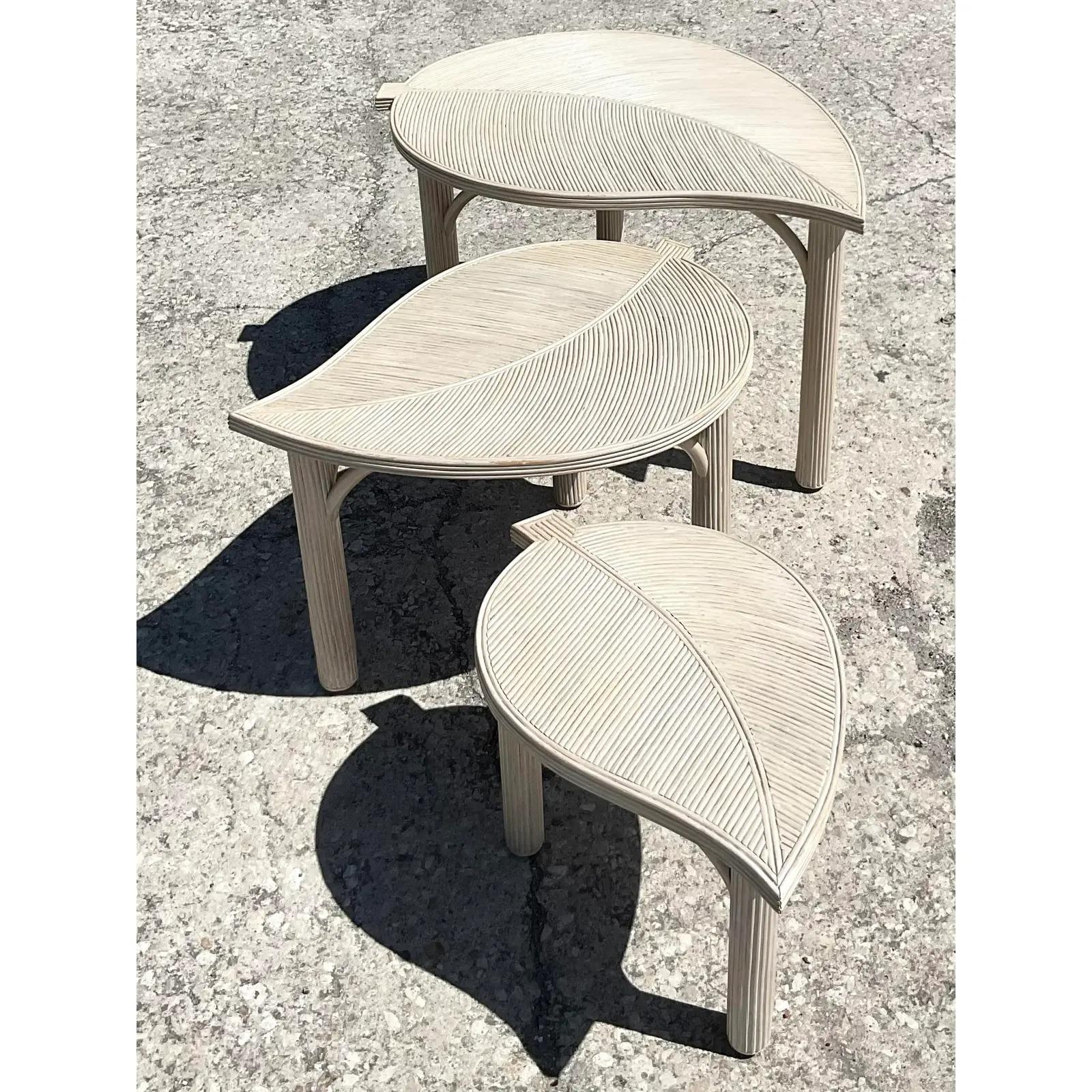 20th Century Vintage Coastal Cerused Pencil Reed Leaves Nesting Tables - Set of 3