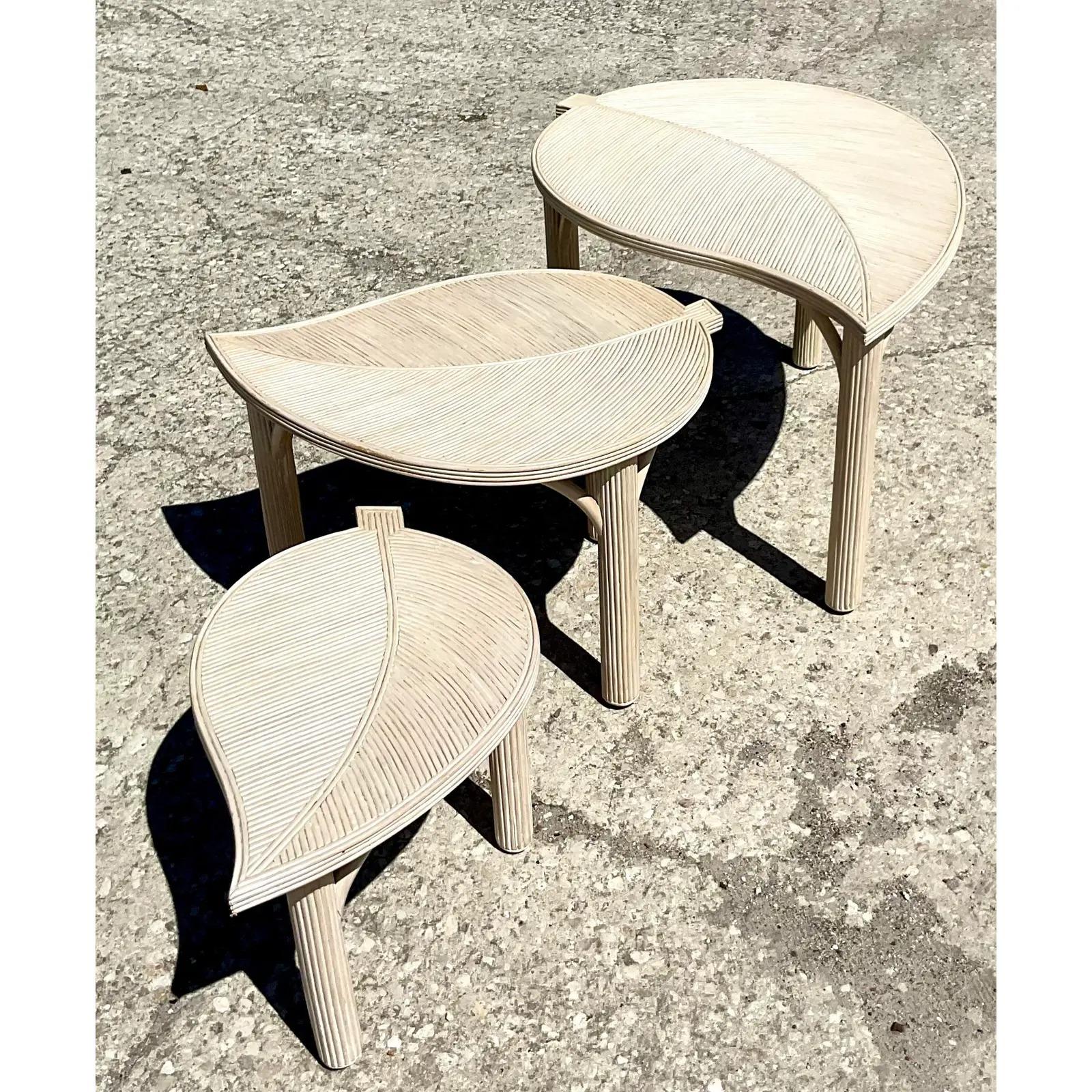 Vintage Coastal Cerused Pencil Reed Leaves Nesting Tables - Set of 3 1
