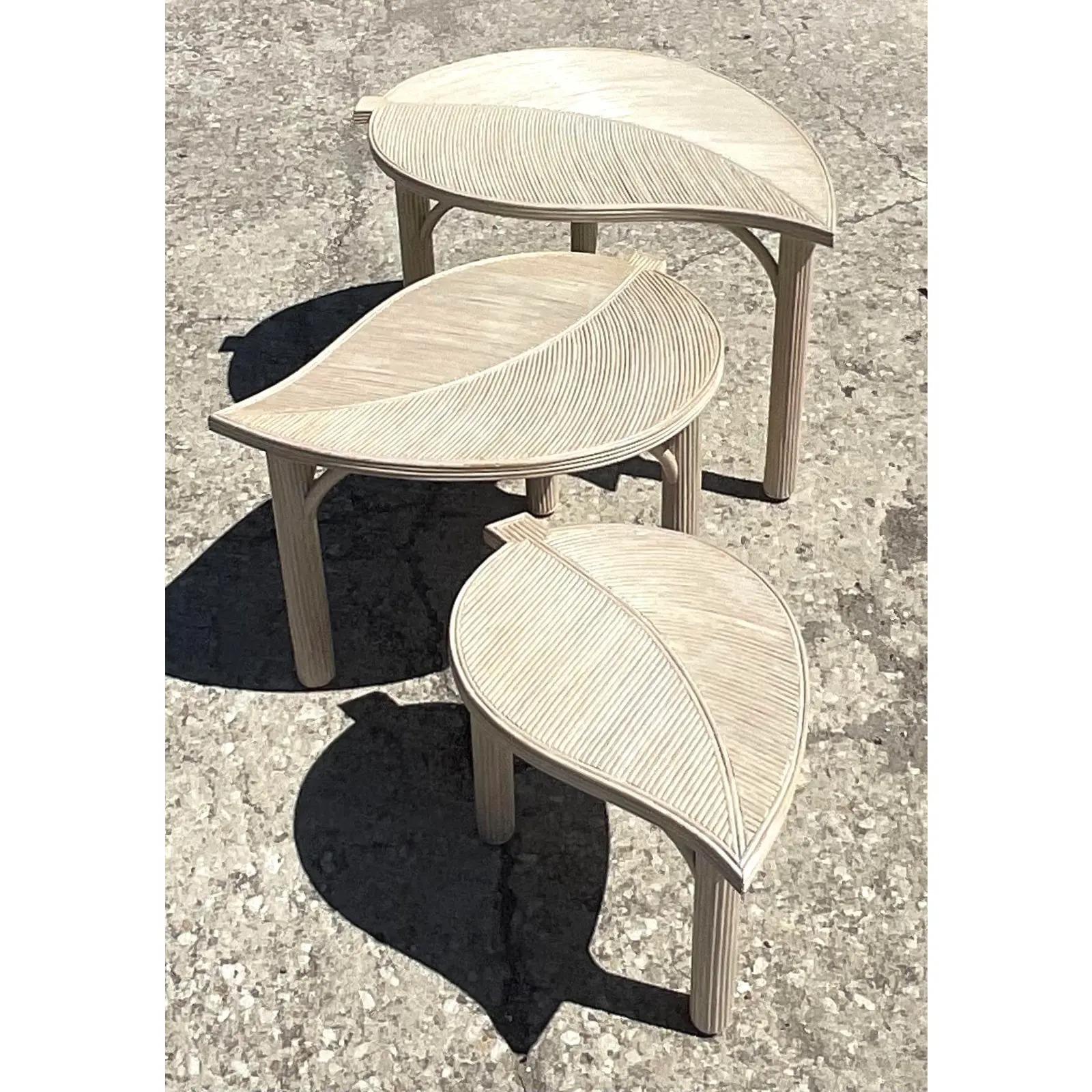Vintage Coastal Cerused Pencil Reed Leaves Nesting Tables - Set of 3 2