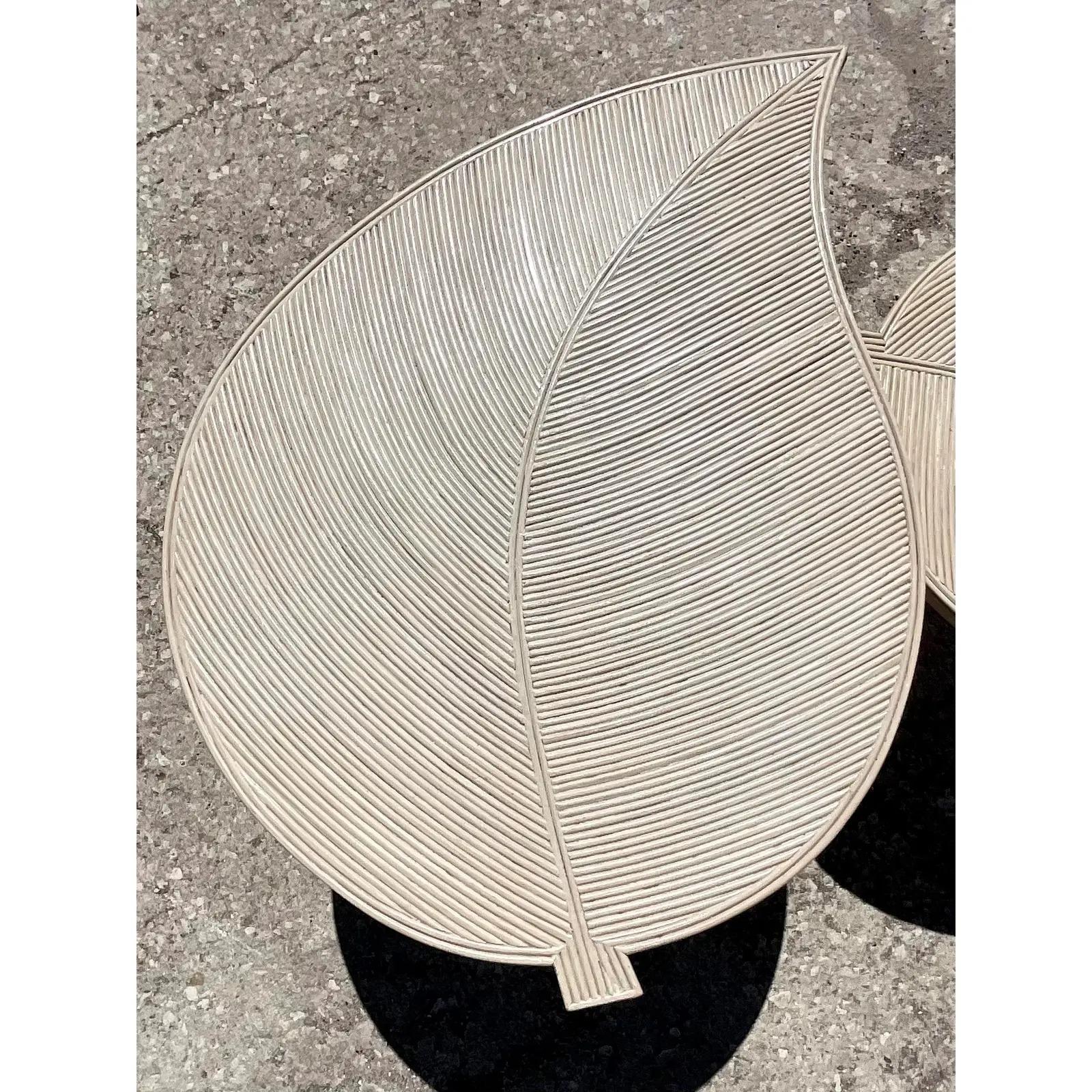Vintage Coastal Cerused Pencil Reed Leaves Nesting Tables - Set of 3 3
