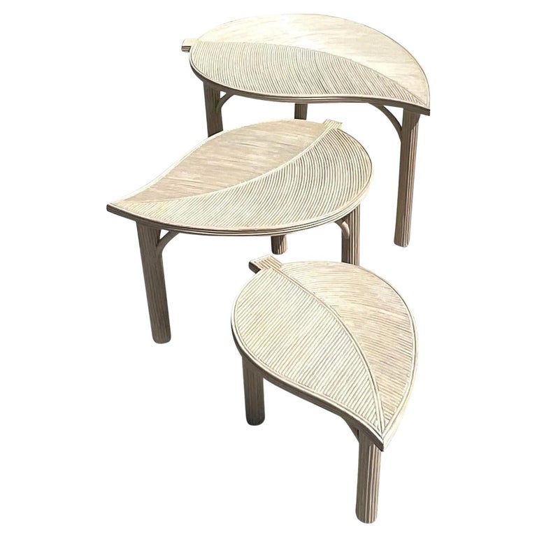 Vintage Coastal Cerused Pencil Reed Leaves Nesting Tables Set of 3 at