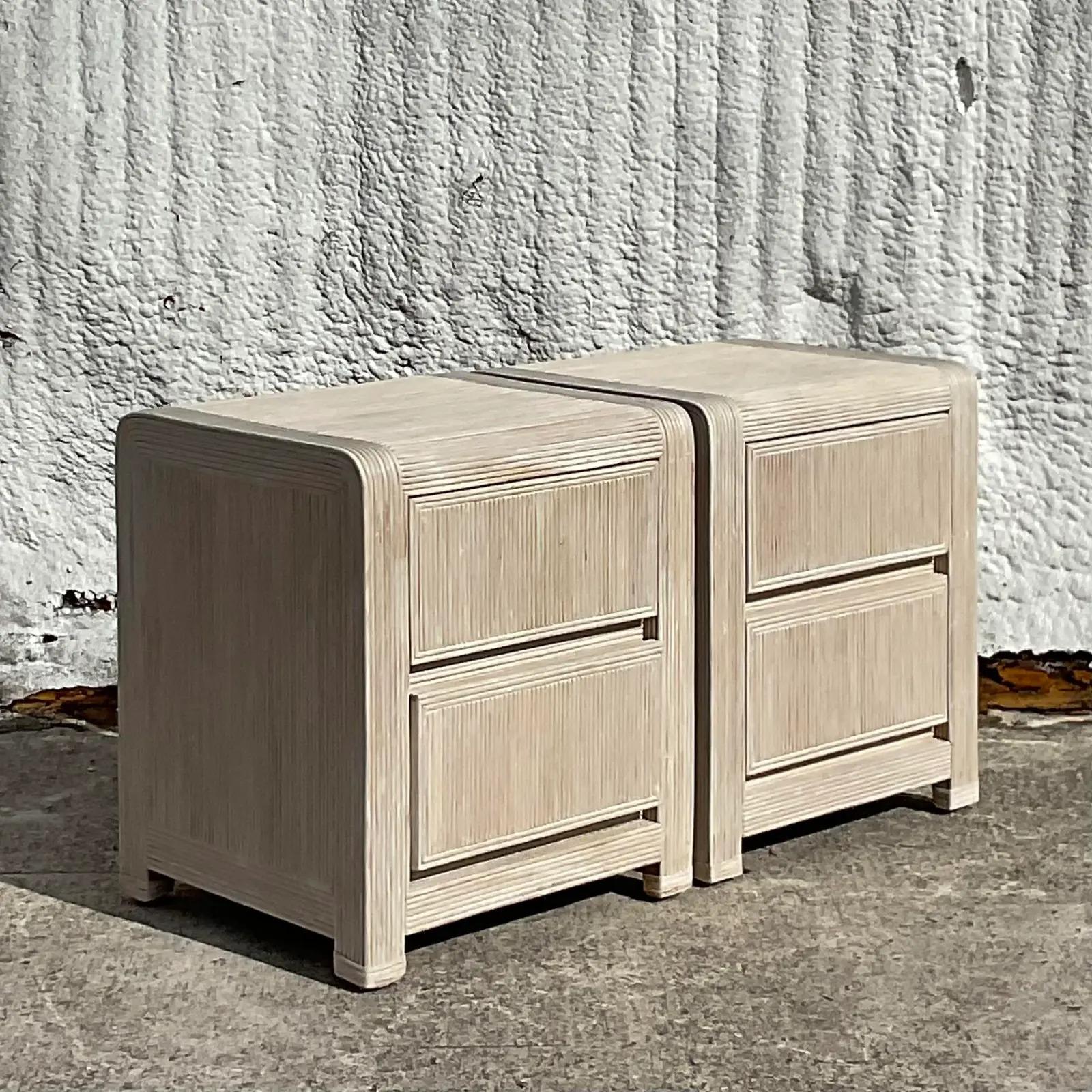 Vintage Coastal Cerused Pencil Reed Nightstands - a Pair In Good Condition In west palm beach, FL