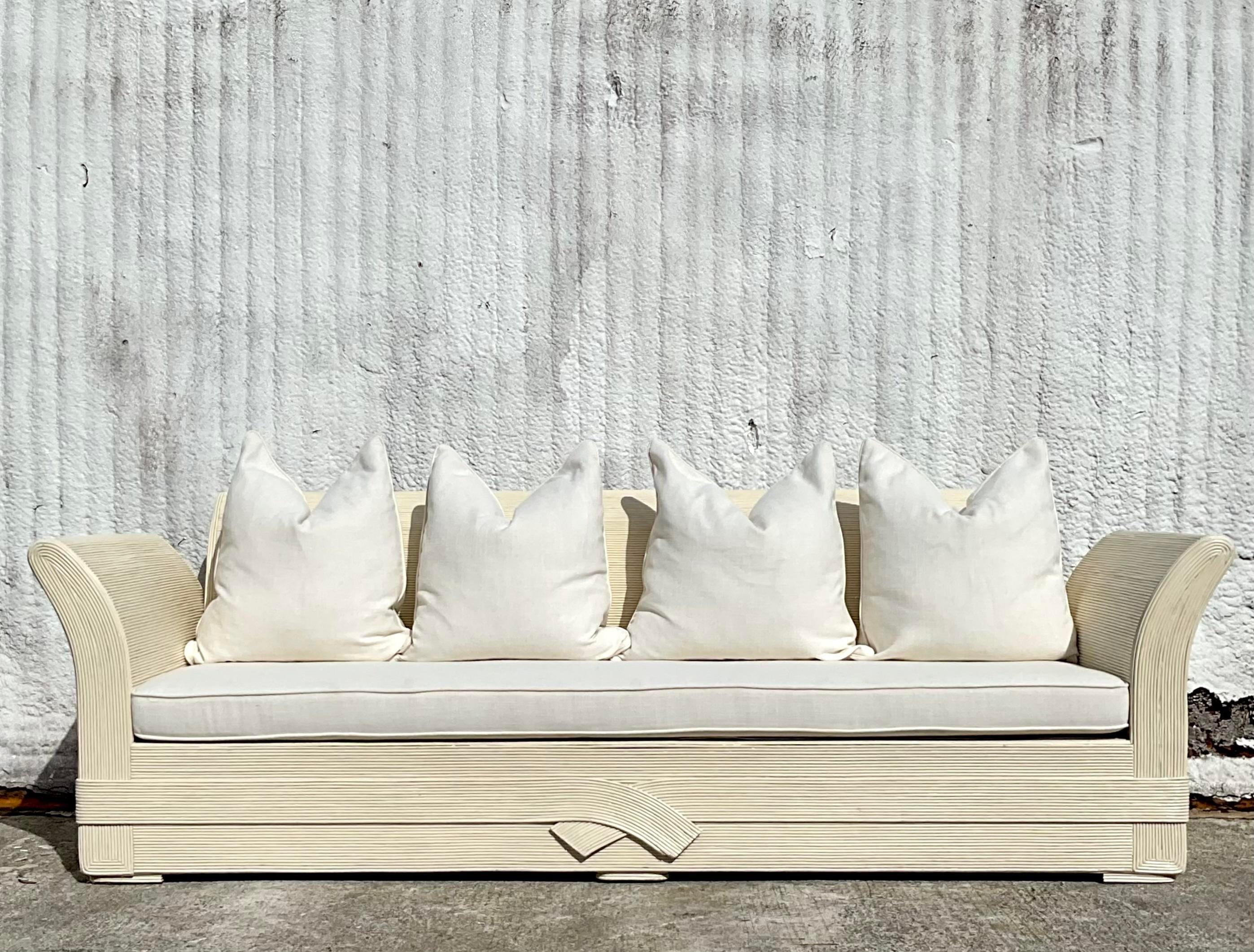 20th Century Vintage Coastal Cerused Pencil Reed Sofa