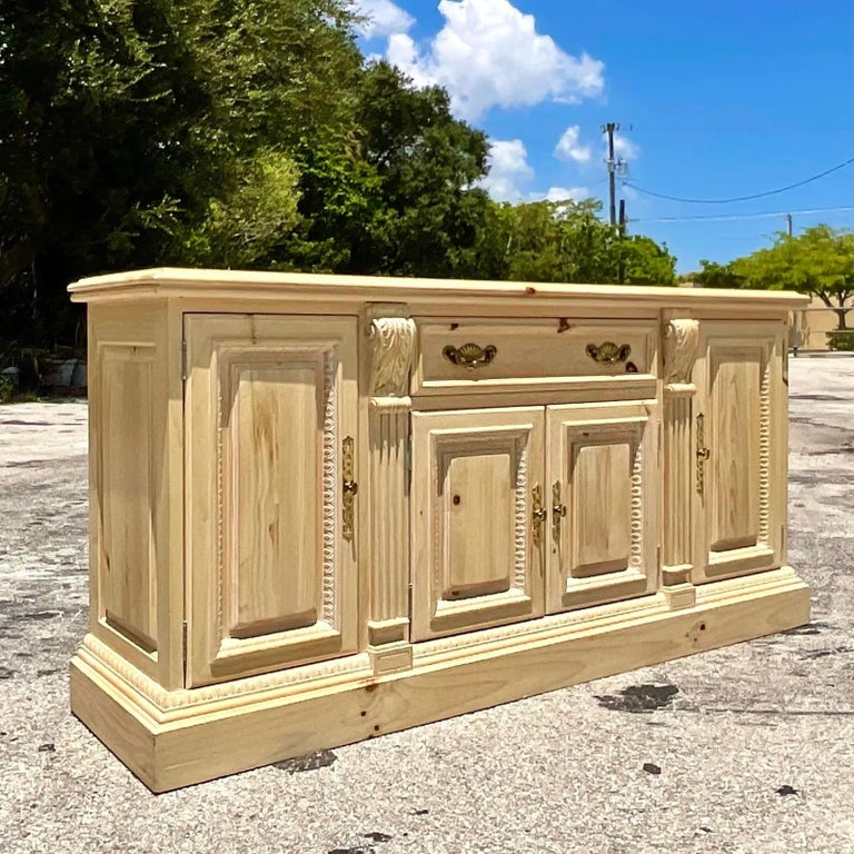 Vintage Coastal Cerused Pine Carved Credenza For Sale at 1stDibs