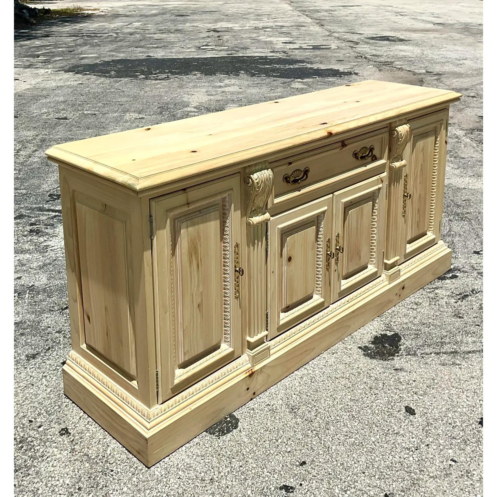 20th Century Vintage Coastal Cerused Pine Carved Credenza For Sale