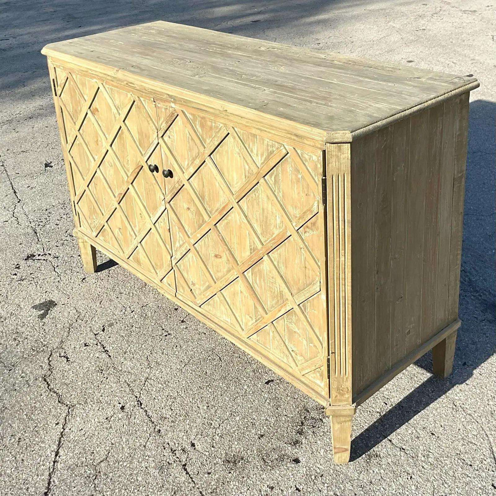 Vintage Coastal Cerused Pine Trellis Credenza For Sale 5