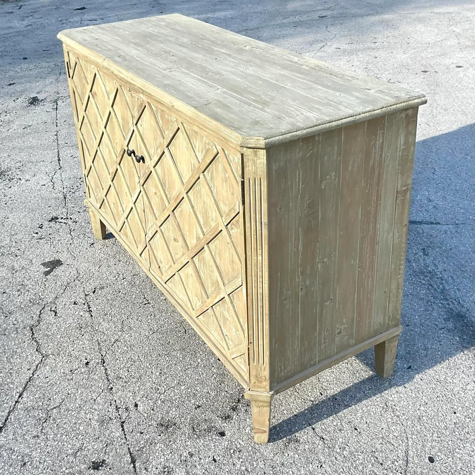 Vintage Coastal Cerused Pine Trellis Credenza For Sale 3