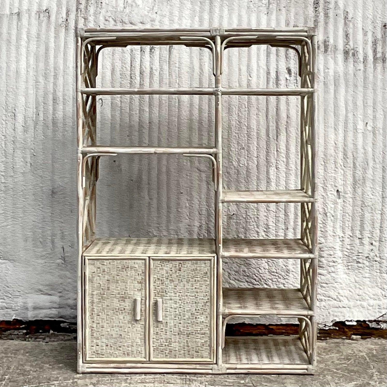 Vintage Coastal Cerused Rattan Etagere In Good Condition For Sale In west palm beach, FL
