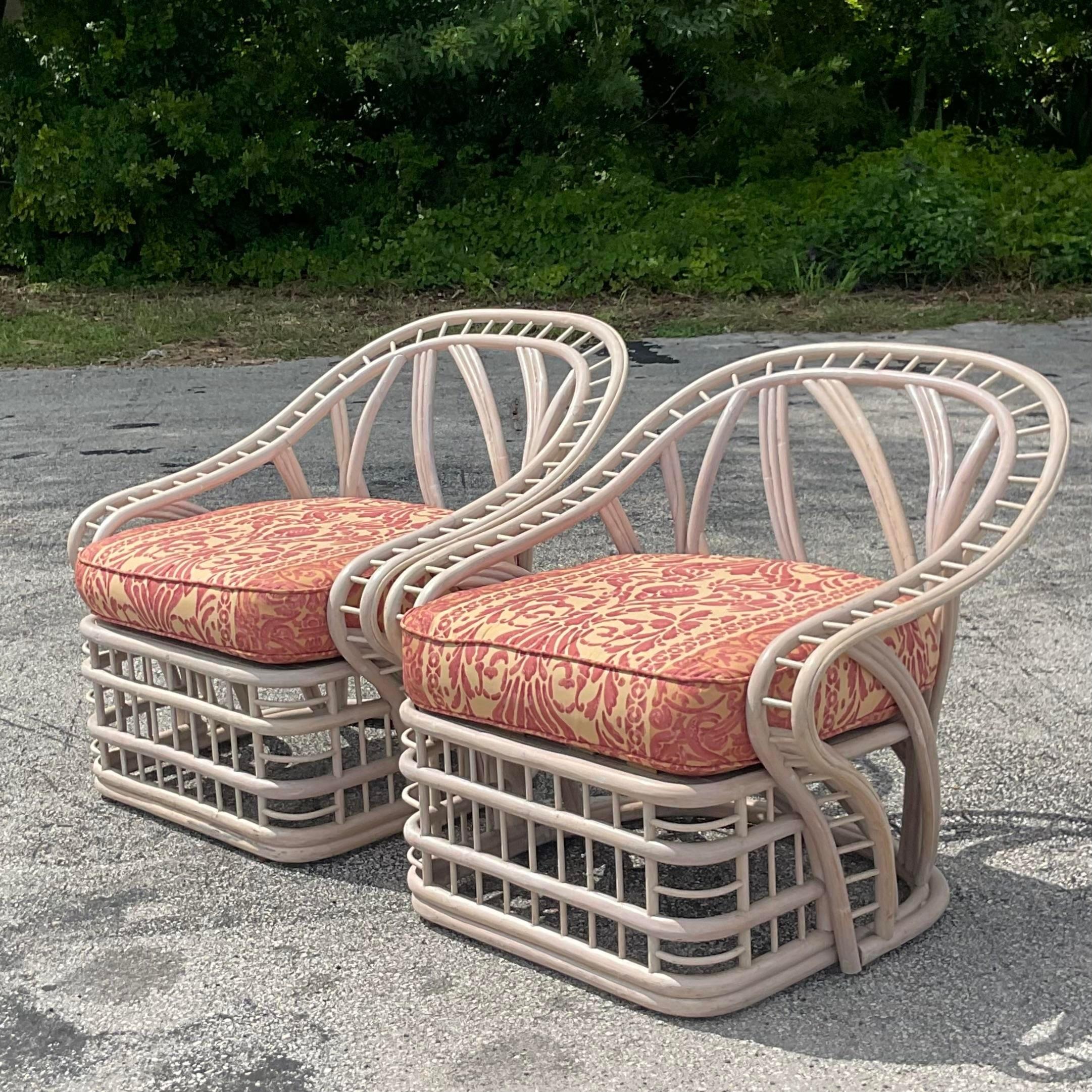 Vintage Coastal Cerused Rattan Lounge Chairs - a Pair In Good Condition For Sale In west palm beach, FL