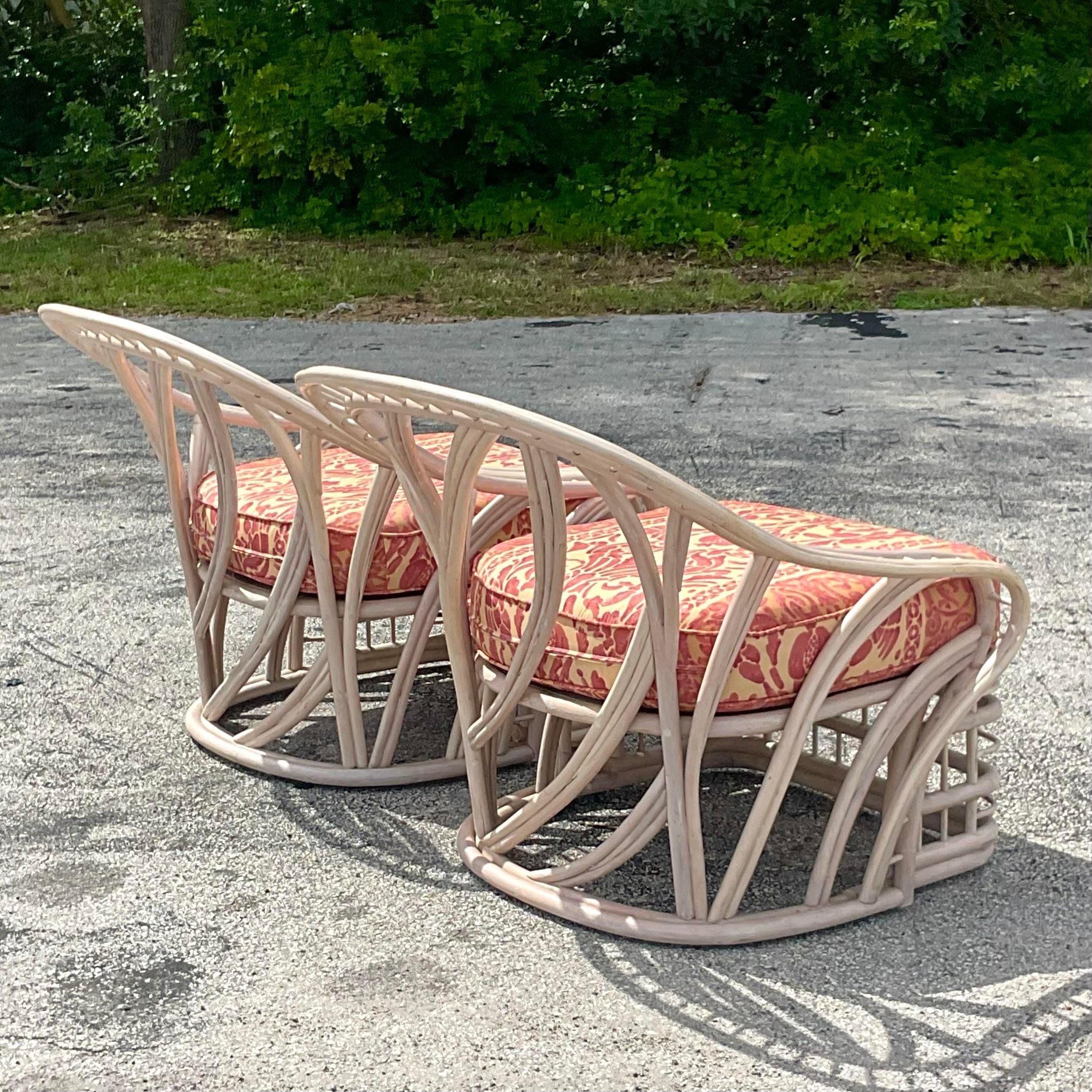20th Century Vintage Coastal Cerused Rattan Lounge Chairs - a Pair For Sale