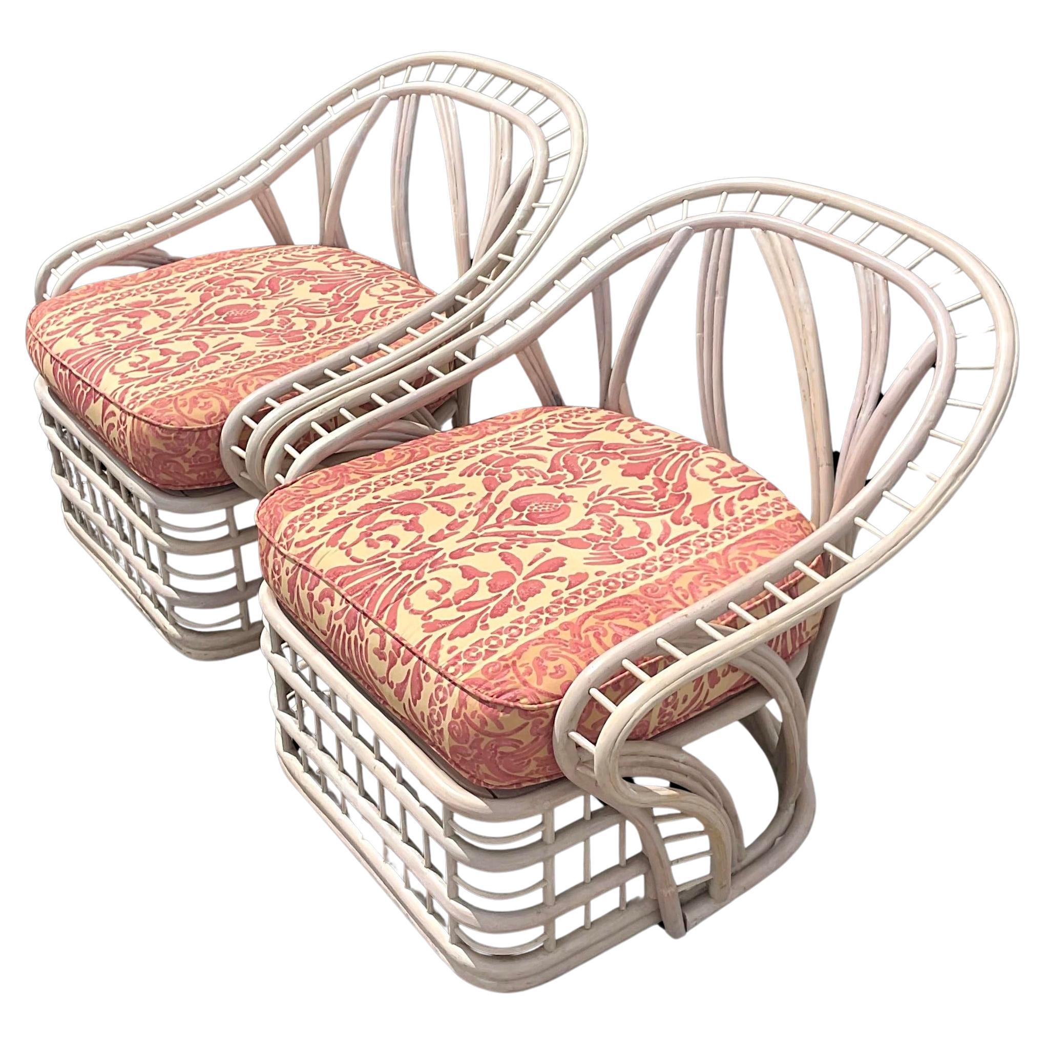 Vintage Coastal Cerused Rattan Lounge Chairs - a Pair For Sale