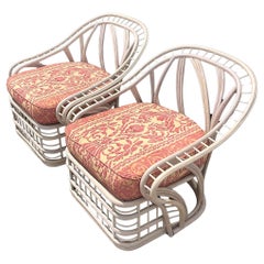 Retro Coastal Cerused Rattan Lounge Chairs - a Pair