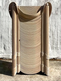 Vintage Coastal Cerused Ribbon Band Pencil Reed Armoire After Betty Cobonpue