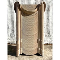 Vintage Coastal Cerused Ribbon Pencil Reed Armoire After Betty Cobonpue