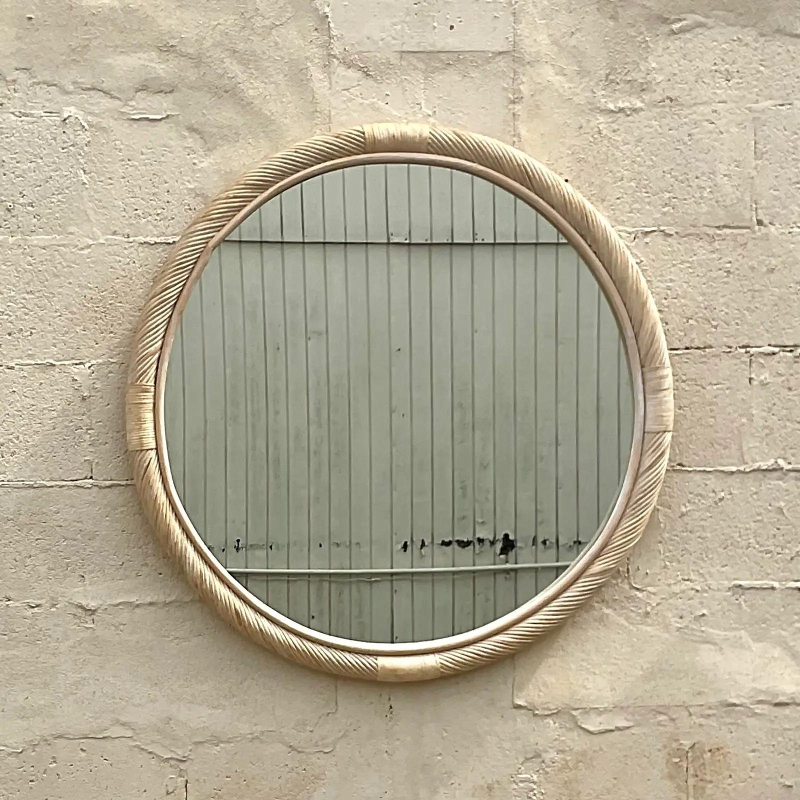 Vintage Coastal Cerused Twist Rattan Wall Mirror In Good Condition For Sale In west palm beach, FL