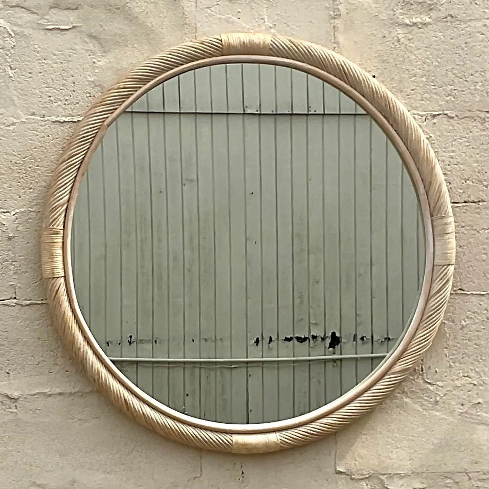 20th Century Vintage Coastal Cerused Twist Rattan Wall Mirror For Sale