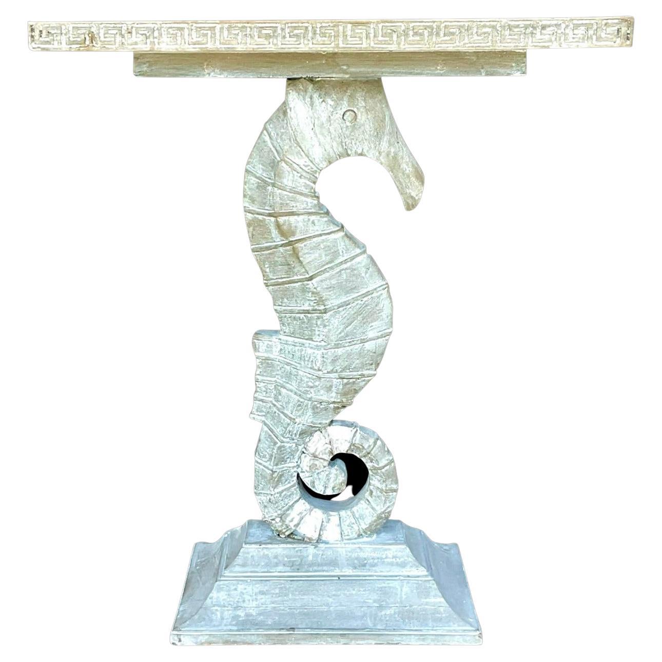 Vintage Coastal Cerused Wood Seahorse Pedestal